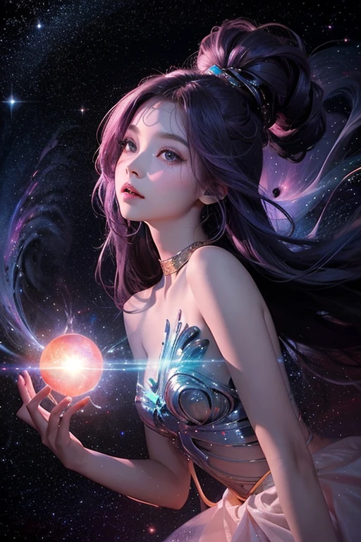(Highest quality,4K,8k,High resolution,masterpiece:1.2),Very detailed,(Realistic,photoRealistic,photo-Realistic:1.37),Night Sky, Spiritual cosmic beings (Translucent girl:1.5), beautiful, whole body, slender, Beautiful feet, Front facing, Long Hair, Purple Hair, Straight Hair, 15 years old, bangs, 長いbangs , Fluttering Hair,cyber punk, Fantasy, dream-like, Astronomical Diagram, 息を呑むほどbeautiful星空, Mysterious Galaxy, Sparkling constellations, Vivid nebulae, Swirling colors, Shining Moon, Shining Northern Lights, Fascinating iridescent stardust, Otherworldly atmosphere, Heavenly brilliance, Infinite Expansion, Heavenly Beauty, Transcendent Existence, Seductive energy, celestial harmony, Heavenly Silence, Space Serenade, An ethereal whisper, Fascinating space dance, The Graciousness of God, Heavenly brilliance, space magic,