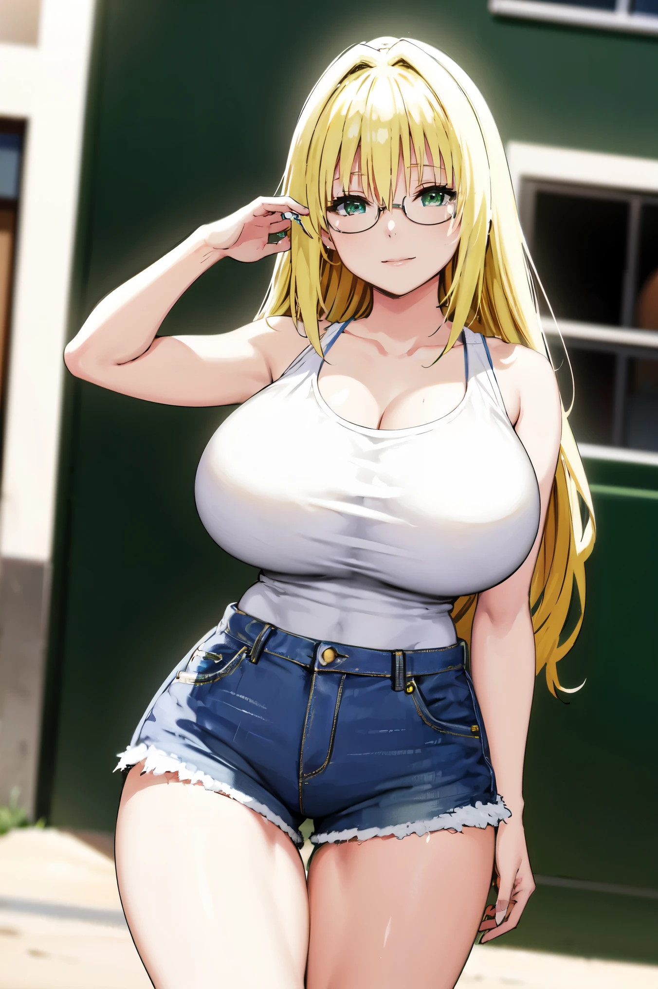 blonde hair, very huge tits, (( white tank top, short pants jeans)), ((glasses))), thick, busty, green eyes, long hair, upperbody, smile, legs, thigh, at beach, sky