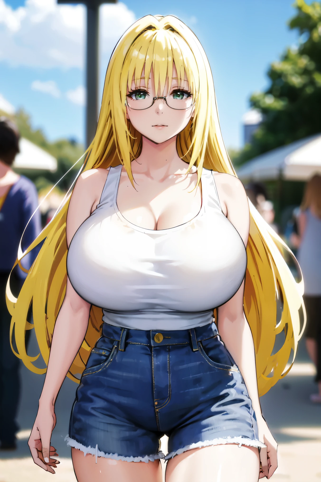 blonde hair, very huge tits, (( white tank top, short pants jeans)), ((glasses))), thick, busty, green eyes, long hair, upperbody, smile, legs, thigh, at beach, sky