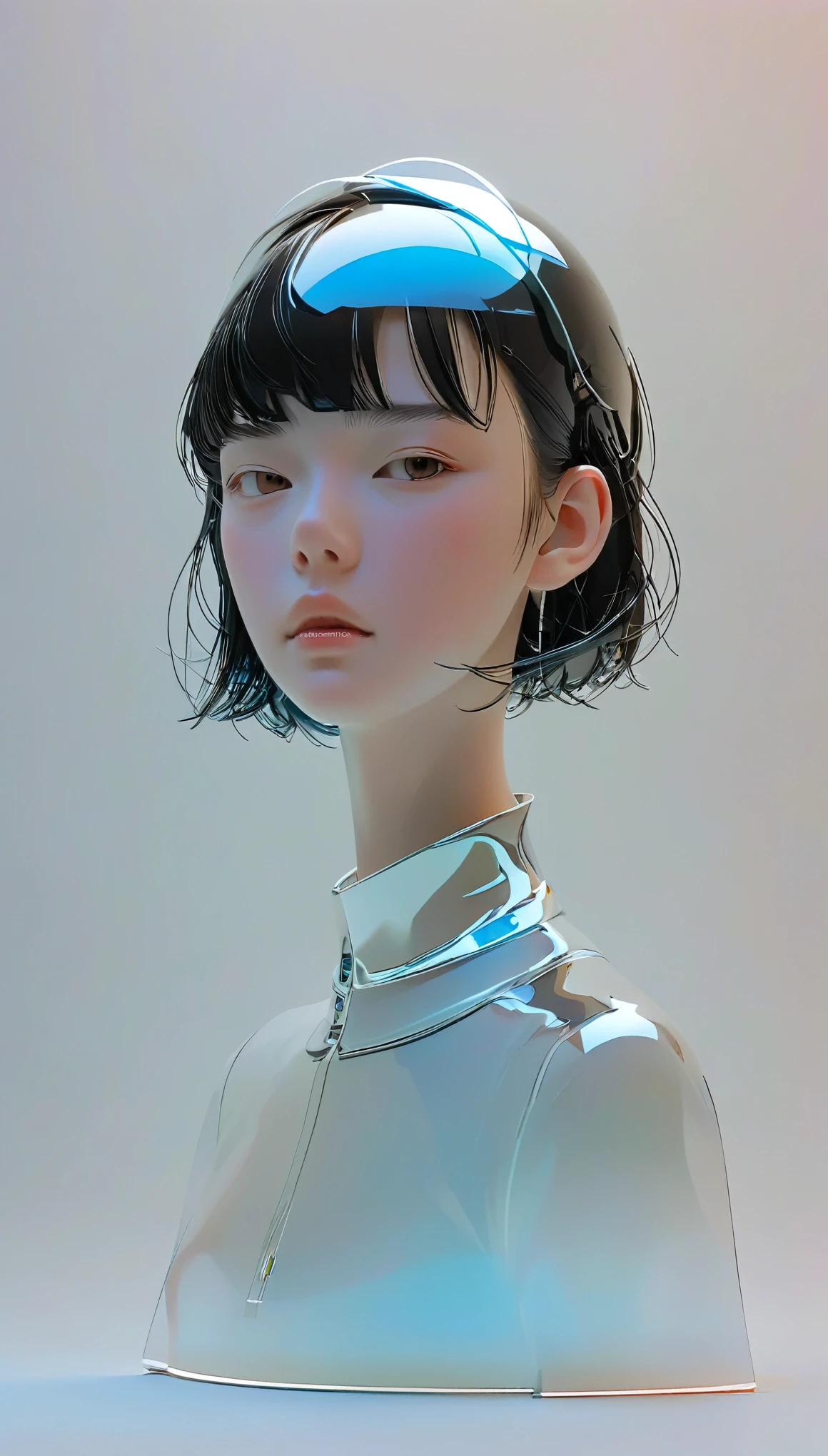graphic design,sense of space,blank, 1 Color Glass Clear 3D Portrait Sculpture,rough surface finish, facial luminescence line ,Simple, Minimalism , beautiful Japanese high school girl, short bob、Patsun、Black Hair、 Soft Elegant Color , cyberpunk suit,Futuristic full-face helmet、Dark Background、chamfer
