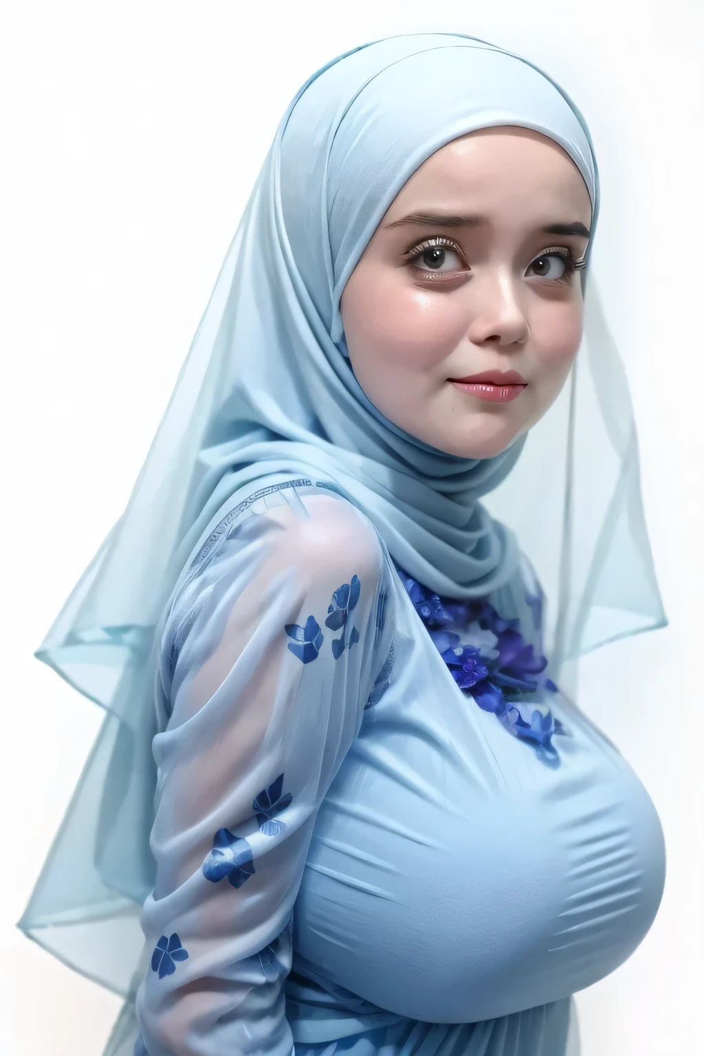 White Background, adorable, 1 girl, baby face, happy, half body portrait, ((huge breasts)). wearing transparent transparency soft long shirt, hijab .. Cute posed. proportional body. Ultra High Res. realistic: 1.4, UHD, (floral pattern), view from side seductive pose, (Sad face expression:1.2)