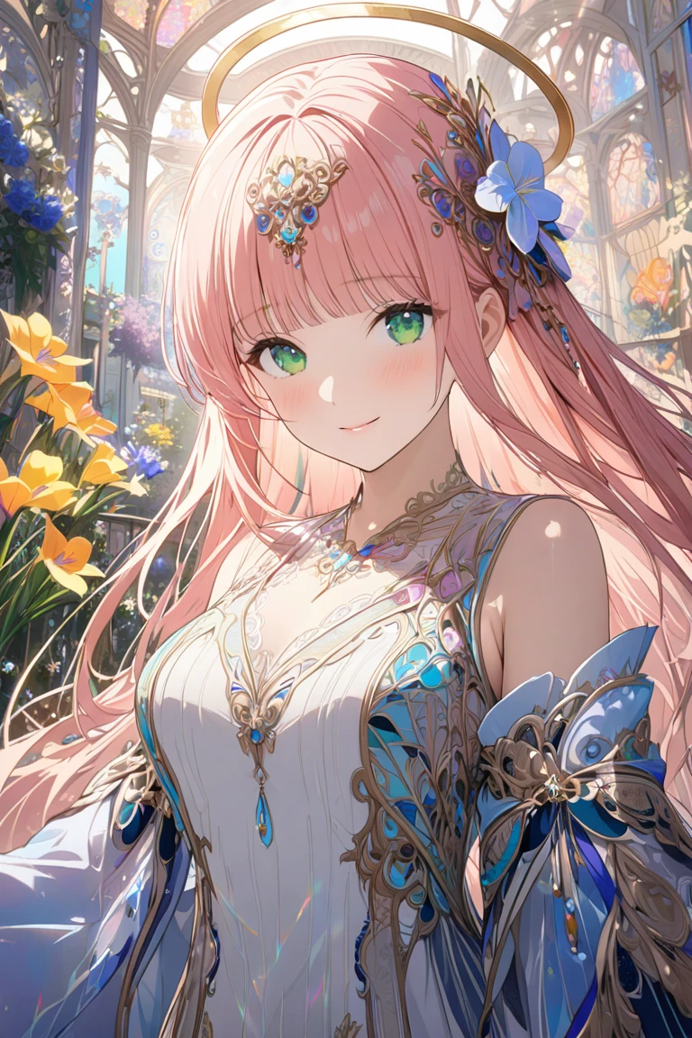 ((top-quality、8K、masterpiece:1.3)),high-level image quality、最high-level image quality、top-quality、hiquality、slenderbody、Beautiful feceボディーライン、Beautiful fece大人の女性、Colossal tits、Sexy style、Insist cleavage、Boob emphasis、ultra-detailliert、Beautiful and aesthetic、Beautiful fece、masterpiece、Show off your cleavage)、garterbelts、Beautiful fece女性は, (medium length yellow hair),、Lovely smile, (Warm colors), moist, moist, Reflectors, (masutepiece) 、(Best Quality) (Detailed) , (8K) (Studio Lighting) (Convoluted) , ((Flower arch so magical and dreamy)), opulent, ethereal fairy tale, Rich pastel color palette, Ethereal dreamy theme, dreamy and detailed, The setting of a fairy tale:, (((building with many flowers)))、anime fantasy artwork, anime fantasy illustration, Beautiful feceアートワークのイラスト, Beautiful feceアニメアートwork, elaborate digital art, Convolutedな華やかなアニメCGIスタイル, anime art nouveau cosmic display, Beautiful feceアニメアート, Beautiful feceデジタル芸術作品, Beautiful feceファンタジーアニメ, Detailed anime artwork, Detailed Digital Anime Art, dreamy psychedelic anime、Beautiful fece表現、Beautiful fece乳房、A detailed eye、Clearly eye-catching, beautiful and alluring、Beautiful fece目、Narrow waist、Beautiful fece白い肌、red rip、((Flower decoration all over long hair))、(Perfect female body:1.4)、(sexy underwear、garterbelts、Enamel Bondage Costume)