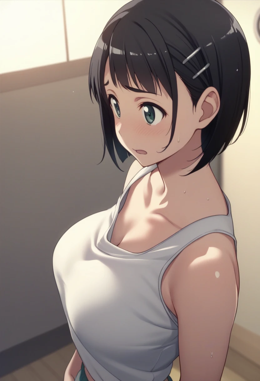 Best Quality、masterpiece、 girl１people、 short hair、Black Hair、Big Breasts、Re-suguha 、Kirihara Naoha 、 perfect body、tank top black、Bloomers、White Bra、gym、 slouching forward　shirt mismatch 　Bra visible　Wet Shirt　Hold your chest with your arms　juvenile　Sneaking up　Harassment　The tank top is misaligned to below the chest　 high angle　down　blouse、