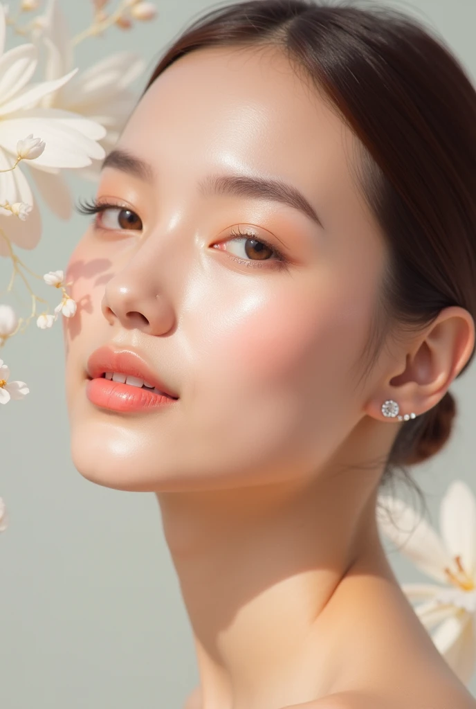 (Best quality,4K,8K,A high resolution,Masterpiece:1.2),Ultra-detailed,(Realistic,Photorealistic,photo-realistic:1.37),One bottle（huangjisoo）Close-up of cleansing oil and selected flowers, Clean face and body skin, Skincare, skin care, Take a picture of your skincare brand, Product photography, professional product shot, products shot, products shot, product display photograph, professional product photo, products shot, Minimalist design, photo product, natural skin tones, Clean gloss, natural skin tones, miniature product photo