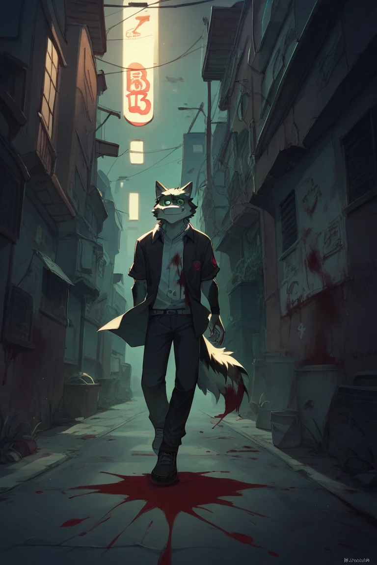 rouon aro,black fur,white fur,GREEN EYES,WOLF,FURRY,ANTHRO,Hash,AIR,solo,zombie,dark,blood,insane smile,dark,night,alley gore