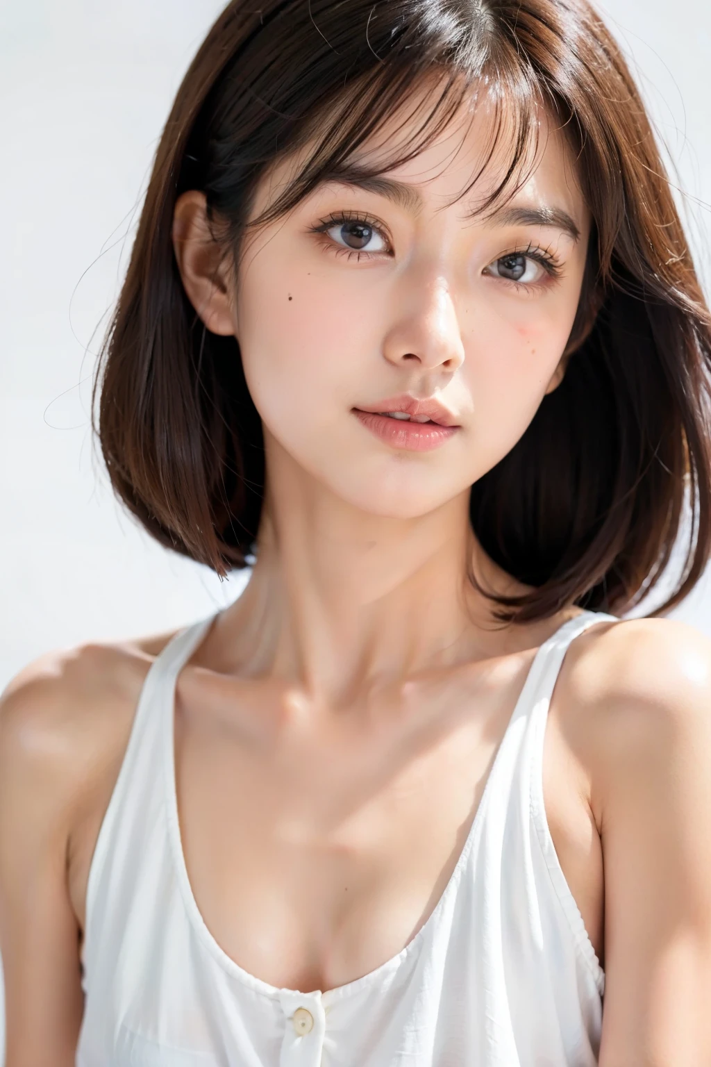 ((masterpiece, Highest quality, High resolution,Everything is beautifully detailed)), One Girl, (Realistic: 1.4), alone, White Background, snow-White Background, ((From above, A little above, look up at the viewer, look up, look up at the camera, Looking into the camera)), Mouth closed, Smile, Smile, Smile, Beautiful black hair, bangsのあるショートヘア,bangs, Big eyes, Transparent double eyelids, eyelash, Listen carefully, Long neck, Long neck, Absolute area, (Draw the whole head, shoulder), 19 years old, Attractive proportions, Perfect Anatomy,Shiny skin, Beautiful collarbone, Golden ratio face, Perfect Face, Tearful mole, Mole on chest, bangs, clean bangs, Lip gloss, Thin lips, Fair skin, naked, Big Breasts, Small face, Small face, Draw the whole head, draw all shoulder,{gigantic|big|huge|mega} breasts, cleavage