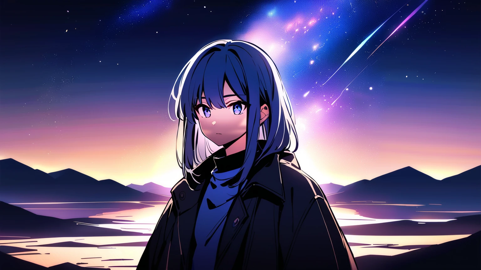 Create an anime-style portrait of a young woman with white or silver hair, standing against a backdrop of a stunning night sky filled with stars and a vibrant galaxy. Her hair should be slightly tousled, with some strands glowing from the starlight. She wears a dark, stylish coat, and her expression is calm and introspective. The background should showcase a vast, cosmic landscape with purple and blue hues, with faint mountain outlines below, adding depth to the scene. The atmosphere should feel serene and slightly mystical, with soft lighting highlighting her face and hair."