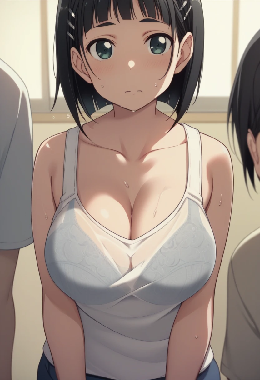 Best Quality、masterpiece、 girl１people、 short hair、Black Hair、Big Breasts、Re-suguha 、Kirihara Naoha 、 perfect body、tank top black、Bloomers、White Bra、gym、 slouching forward　shirt mismatch 　Bra visible　Wet Shirt　Hold your chest with your arms　老people　Sneaking up　Harassment　The tank top is misaligned to below the chest　 high angle　down　blouse、See-through bra