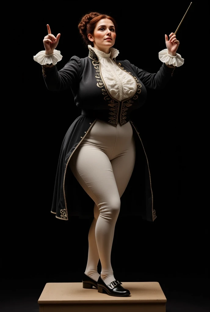 Photorealistic picture from the side, featuring a woman conducting a philharmonic orchestra. (dynamic pose:1.5) Black background. She is standing on a pedestal with a conductor's baton in hand. She is wearing a 1700s century outfit, black tailcoat with silver decorations, high collar. White ruffle neck. White breeches and white long socks. Black bucle shoes. She is a beautiful british woman, with brown eyes, downturned eye shape. She has high cheekbones and dark eyebrows. Hair made up into a bun. light skin and freckles. perfect hand. massively huge breasts.