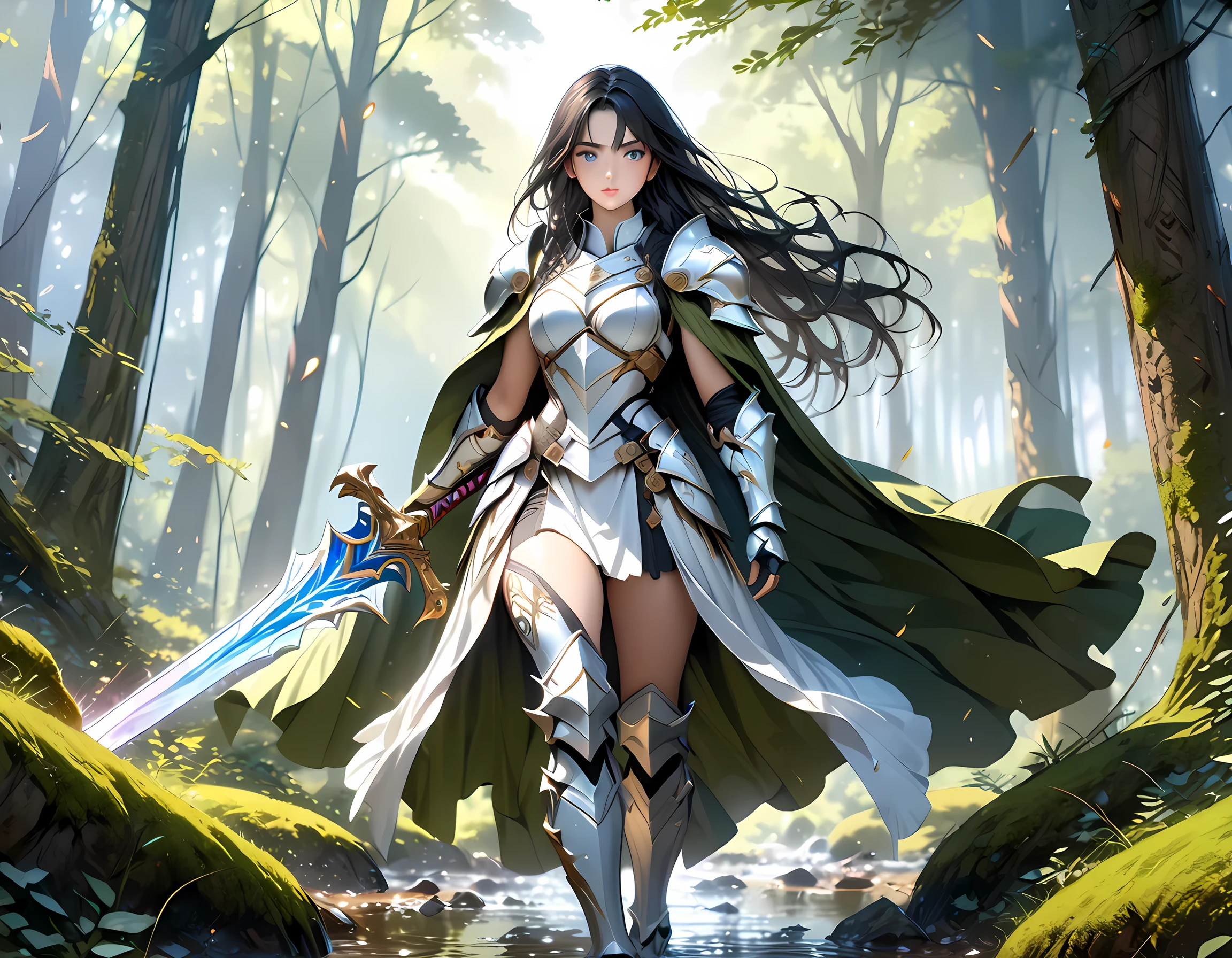 a picture of woman paladin of nature protecting the forest, a woman knight, black hair, long hair, full body (best details, Masterpiece, best quality :1.5), ultra detailed face (best details, Masterpiece, best quality :1.5), ultra feminine (best details, Masterpiece, best quality :1.5), (black hair: 1.2), long hair, braided hair, pale skin, (deep blue: 1.2) eyes, intense eyes, wearying heavy armor, (white armor: 1.2)  (best details, Masterpiece, best quality :1.5), (green cloak: 1.2) , armed with a sword, glowing sword GlowingRunes_yellow, fantasy forest background, fantasy photography style, magical atmosphere magic-fantasy-forest, ultra best realistic, best details, best quality, 16k, [ultra detailed], masterpiece, best quality, (extremely detailed), ultra wide shot, photorealism, depth of field, hyper realistic painting, Realistic
