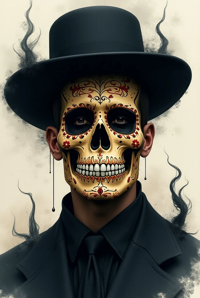 Seen up close, portrait, upper body shoot, Muscular and manly man, black beard, Tremendously huge muscular body, his face painted with skeleton makeup for a Day of the Dead parade, graveyard night background, Mexican traditional costume, open chset costume, Sombrero.