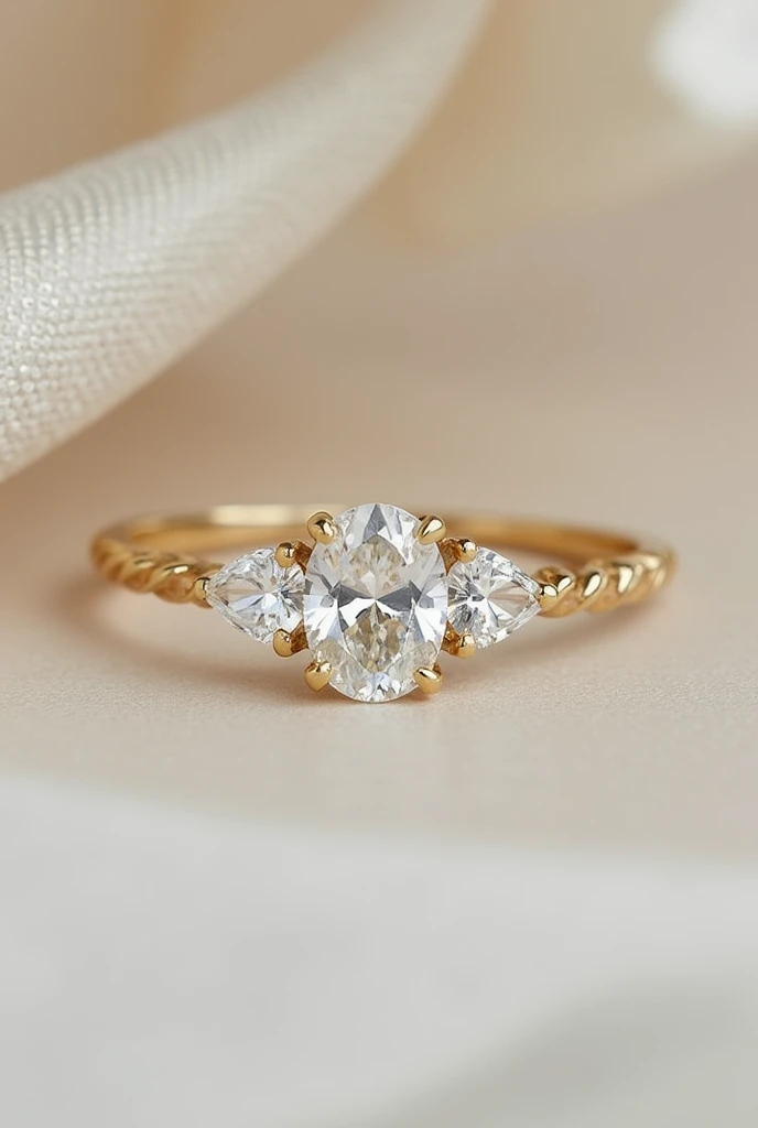 A three stone gold engagement ring. The center stone is 0.8 carat and oval. The side stones are smaller and pear shaped. The band is thin with no raised setting. The color is yellow gold. It has a wedding band that is reminiscent of leaves.