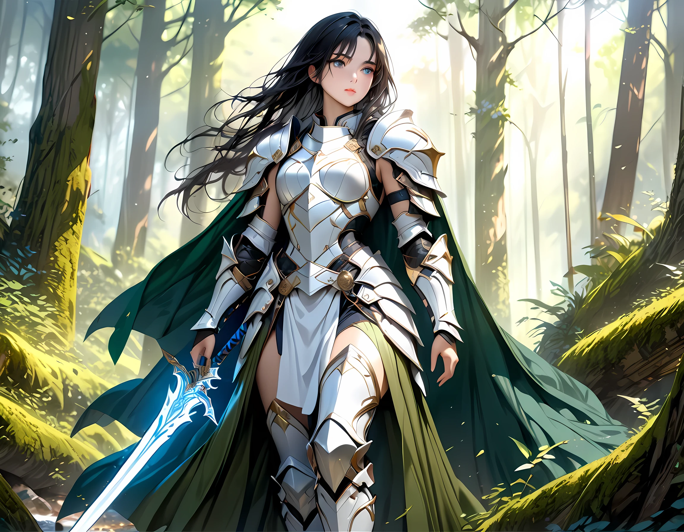 a picture of woman paladin of nature protecting the forest, a woman knight, black hair, long hair, full body (best details, Masterpiece, best quality :1.5), ultra detailed face (best details, Masterpiece, best quality :1.5), ultra feminine (best details, Masterpiece, best quality :1.5), (black hair: 1.2), long hair, braided hair, pale skin, (deep blue: 1.2) eyes, intense eyes, wearying heavy armor, (white armor: 1.2)  (best details, Masterpiece, best quality :1.5), (green cloak: 1.2) , armed with a sword, glowing sword GlowingRunes_yellow, fantasy forest background, fantasy photography style, magical atmosphere magic-fantasy-forest, ultra best realistic, best details, best quality, 16k, [ultra detailed], masterpiece, best quality, (extremely detailed), ultra wide shot, photorealism, depth of field, hyper realistic painting, Realistic
