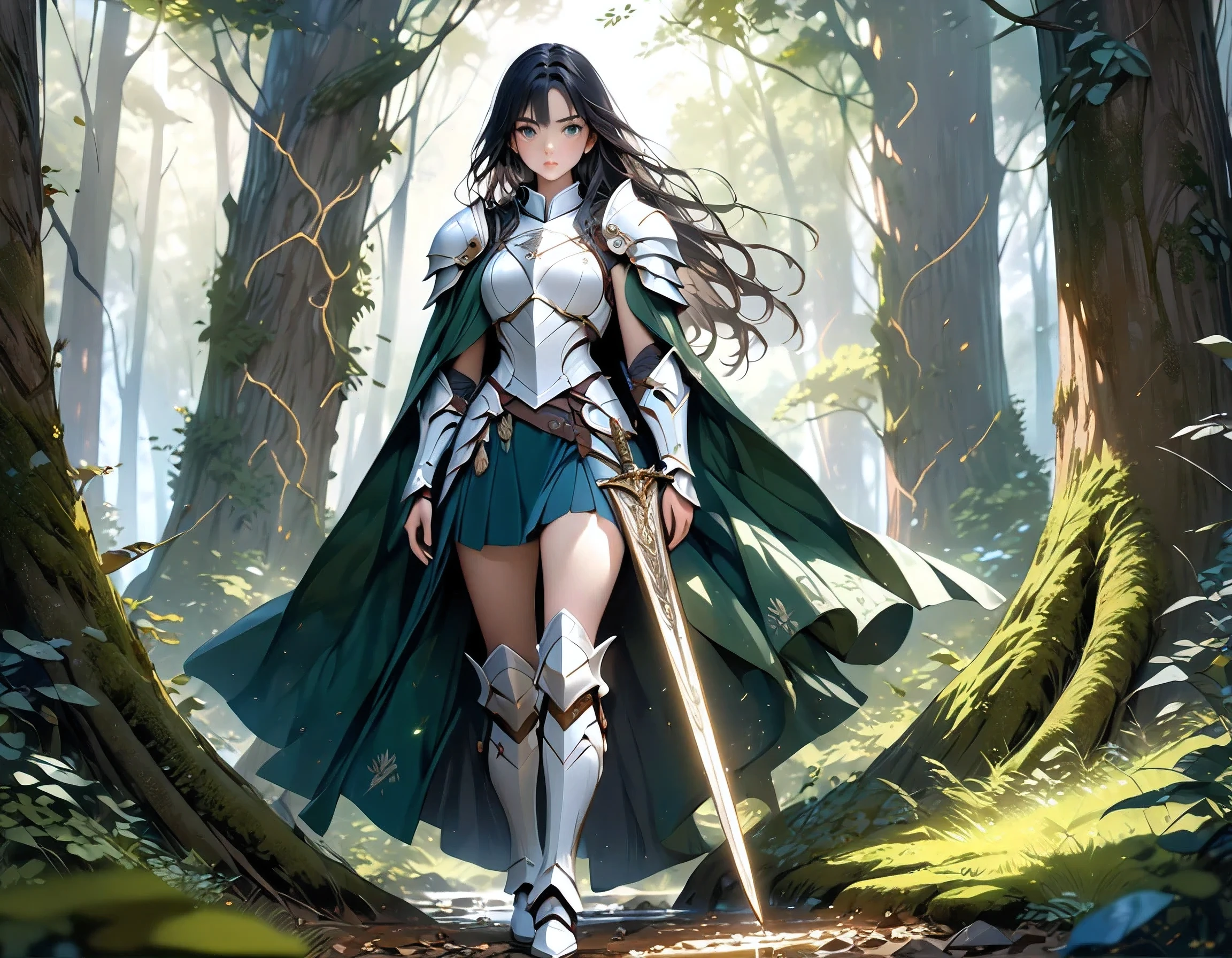 a picture of woman paladin of nature protecting the forest, a woman knight, black hair, long hair, full body (best details, Masterpiece, best quality :1.5), ultra detailed face (best details, Masterpiece, best quality :1.5), ultra feminine (best details, Masterpiece, best quality :1.5), (black hair: 1.2), long hair, braided hair, pale skin, (deep blue: 1.2) eyes, intense eyes, wearying heavy armor, (white armor: 1.2)  (best details, Masterpiece, best quality :1.5), (green cloak: 1.2) , armed with a sword, glowing sword GlowingRunes_yellow, fantasy forest background, fantasy photography style, magical atmosphere magic-fantasy-forest, ultra best realistic, best details, best quality, 16k, [ultra detailed], masterpiece, best quality, (extremely detailed), ultra wide shot, photorealism, depth of field, hyper realistic painting, Realistic
