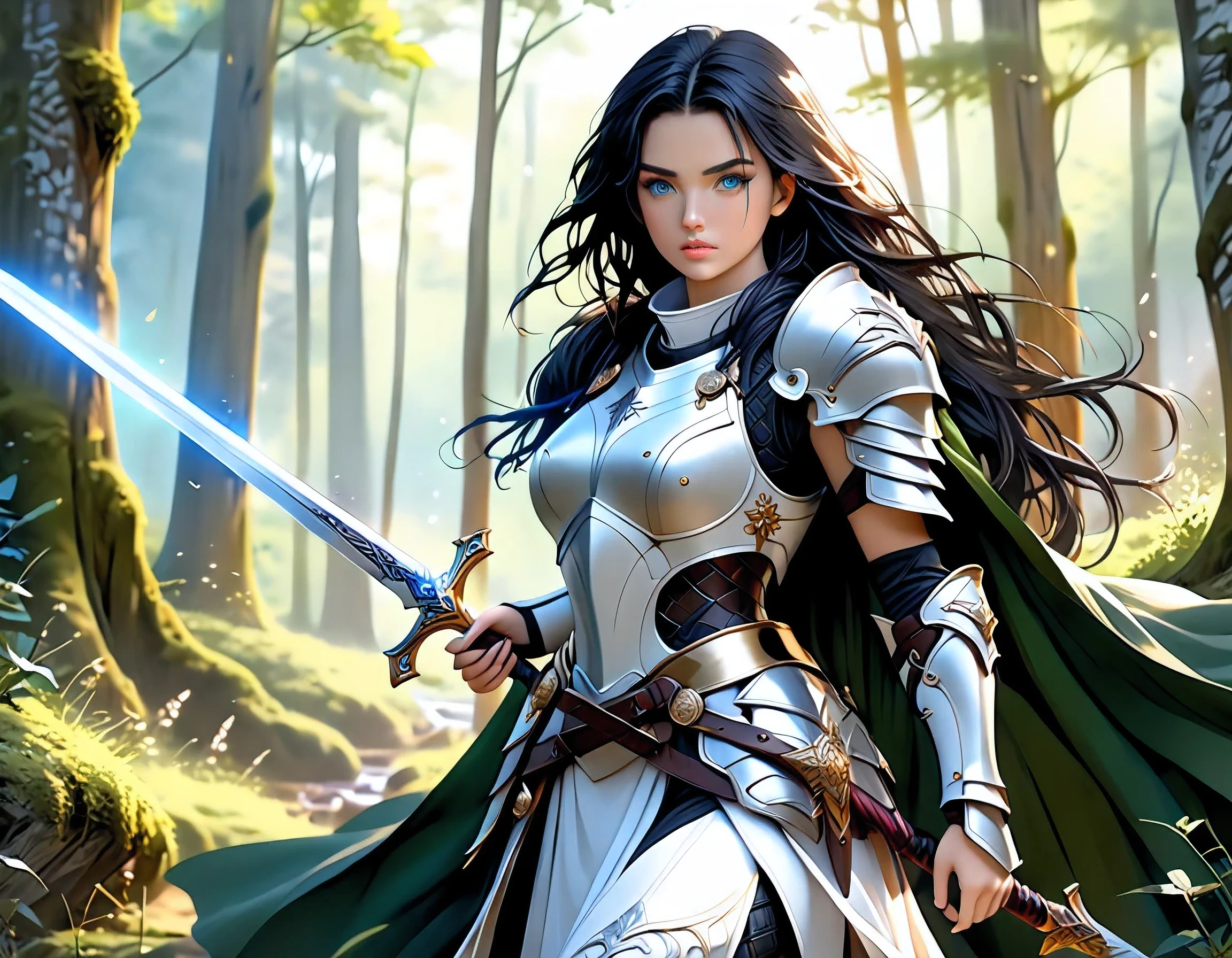 a picture of woman paladin of nature protecting the forest, a woman knight, black hair, long hair, full body (best details, Masterpiece, best quality :1.5), ultra detailed face (best details, Masterpiece, best quality :1.5), ultra feminine (best details, Masterpiece, best quality :1.5), (black hair: 1.2), long hair, braided hair, pale skin, (deep blue: 1.2) eyes, intense eyes, wearying heavy armor, (white armor: 1.2)  (best details, Masterpiece, best quality :1.5), (green cloak: 1.2) , armed with a sword, glowing sword GlowingRunes_yellow, fantasy forest background, fantasy photography style, magical atmosphere magic-fantasy-forest, ultra best realistic, best details, best quality, 16k, [ultra detailed], masterpiece, best quality, (extremely detailed), ultra wide shot, photorealism, depth of field, hyper realistic painting, Realistic
