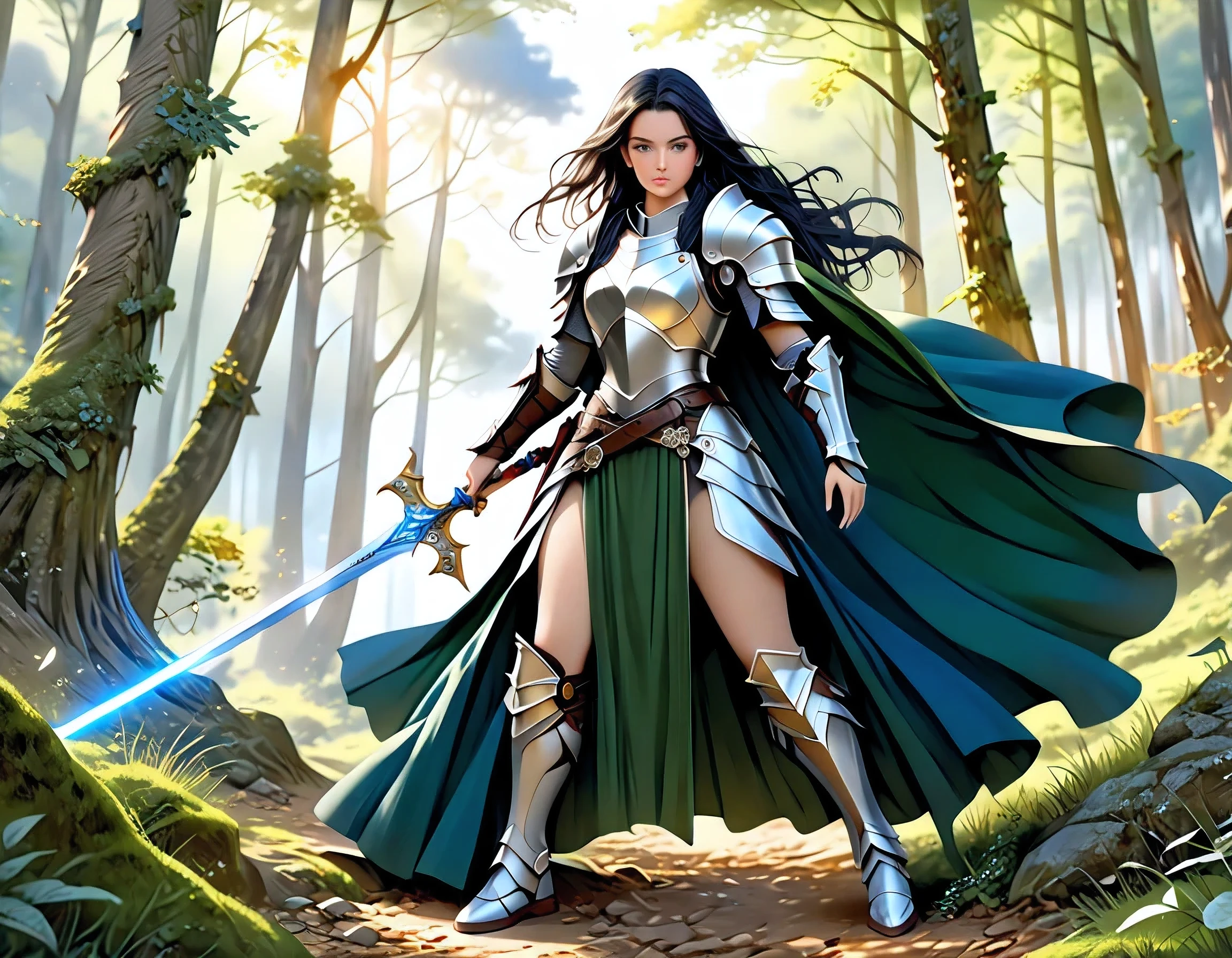 a picture of woman paladin of nature protecting the forest, a woman knight, black hair, long hair, full body (best details, Masterpiece, best quality :1.5), ultra detailed face (best details, Masterpiece, best quality :1.5), ultra feminine (best details, Masterpiece, best quality :1.5), (black hair: 1.2), long hair, braided hair, pale skin, (deep blue: 1.2) eyes, intense eyes, wearying heavy armor, (white armor: 1.2)  (best details, Masterpiece, best quality :1.5), (green cloak: 1.2) , armed with a sword, glowing sword GlowingRunes_yellow, fantasy forest background, fantasy photography style, magical atmosphere magic-fantasy-forest, ultra best realistic, best details, best quality, 16k, [ultra detailed], masterpiece, best quality, (extremely detailed), ultra wide shot, photorealism, depth of field, hyper realistic painting, Realistic
