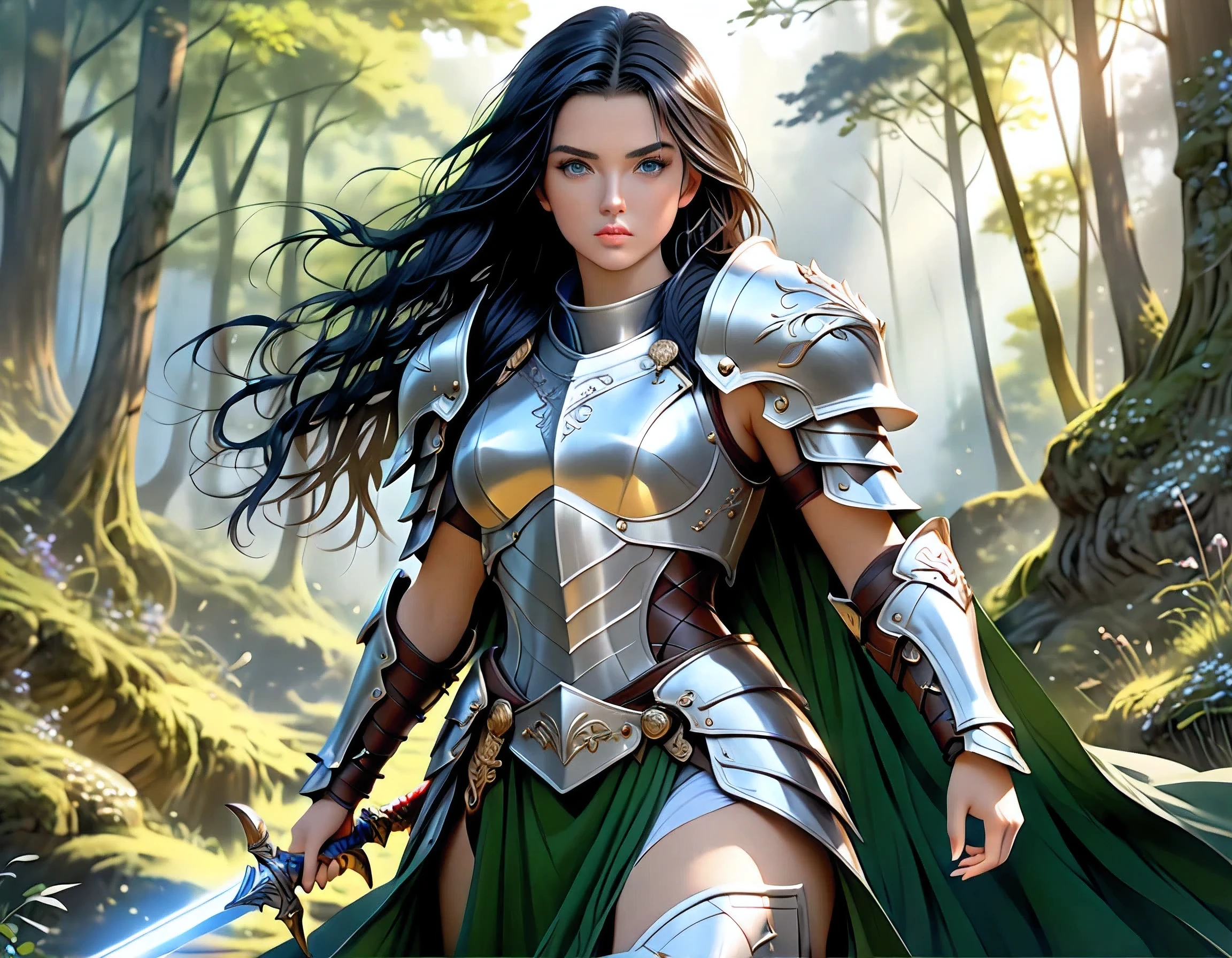a picture of woman paladin of nature protecting the forest, a woman knight, black hair, long hair, full body (best details, Masterpiece, best quality :1.5), ultra detailed face (best details, Masterpiece, best quality :1.5), ultra feminine (best details, Masterpiece, best quality :1.5), (black hair: 1.2), long hair, braided hair, pale skin, (deep blue: 1.2) eyes, intense eyes, wearying heavy armor, (white armor: 1.2)  (best details, Masterpiece, best quality :1.5), (green cloak: 1.2) , armed with a sword, glowing sword GlowingRunes_yellow, fantasy forest background, fantasy photography style, magical atmosphere magic-fantasy-forest, ultra best realistic, best details, best quality, 16k, [ultra detailed], masterpiece, best quality, (extremely detailed), ultra wide shot, photorealism, depth of field, hyper realistic painting, Realistic
