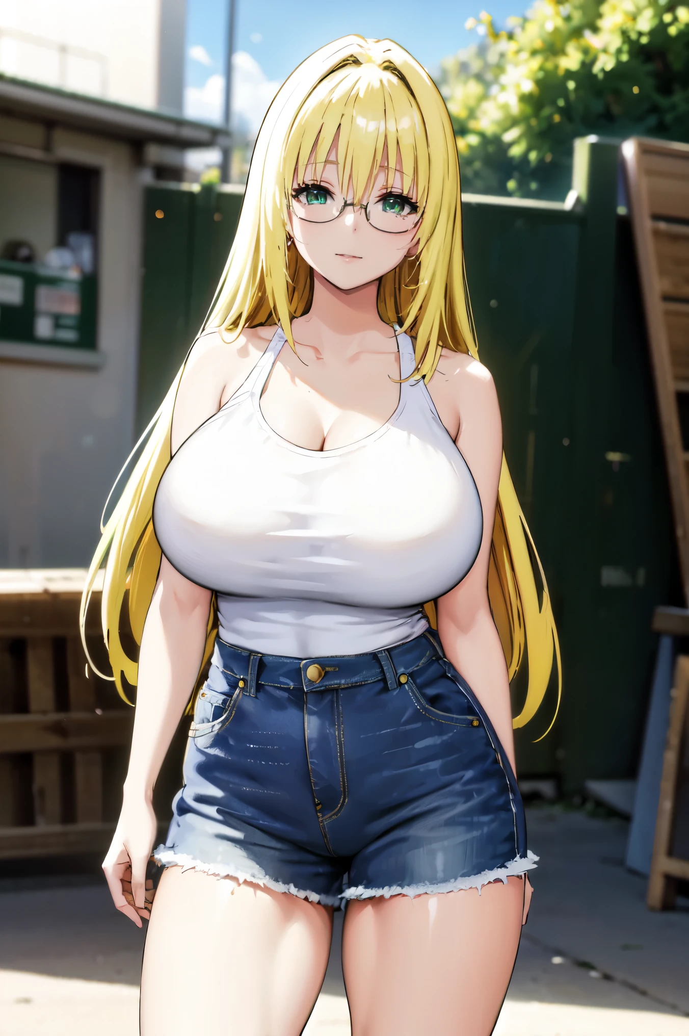 blonde hair, very huge tits, (( white tank top, short pants jeans)), ((glasses))), thick, busty, green eyes, long hair, upperbody, smile, legs, thigh, at beach, sky