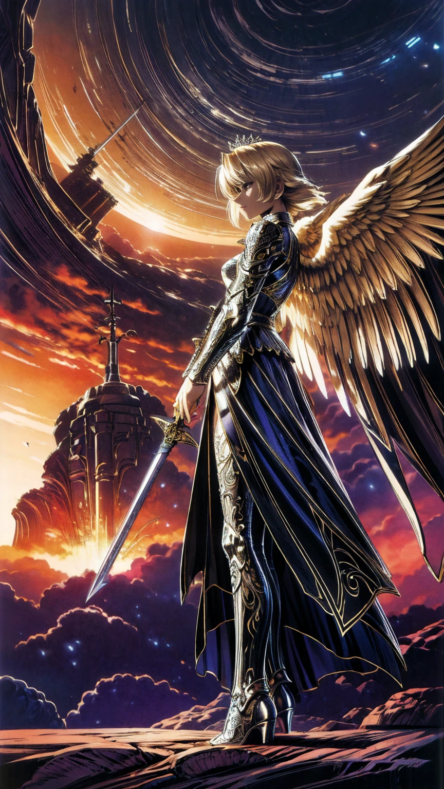 Arafed, dnd Art,  Female Aashimah , (masterpiece  intense detail ), Paladin, Holy Warrior , whole body,  big angel wings,  White Angel Wings Spread  (masterpiece  intense detail ),   Fantasy Temple Background  ,  16k, Super detailed, masterpiece, Best Quality, ( Extremely detailed),   Panoramic View,  moon light, moon, star, cloud,  wears white armor  (masterpiece,  intense detail : 1.3),  Wearing High Heeled Boots, Shining Sacred Symbol ,  Equipped with a Shining Sword , Blonde, Ultra-feminine, The most detailed face, (masterpiece  Best Quality: 1.3),  anatomically accurate  (masterpiece ,  intense detail : 1.5), The face of determination, god rays,  Movie Lighting, Shining Light,  silhouette, From the outside,  photorealism,  Panoramic View (masterpiece 1.3,  intense detail ) , Wide angle, 16k,  Hi-Res, Best Quality,   high detail ,  dark fantasy 