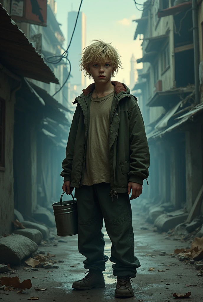 Boy with medium blond hair, dark brown eyes and suspicious face, very good appearance, post apocalyptic setting with casual clothes