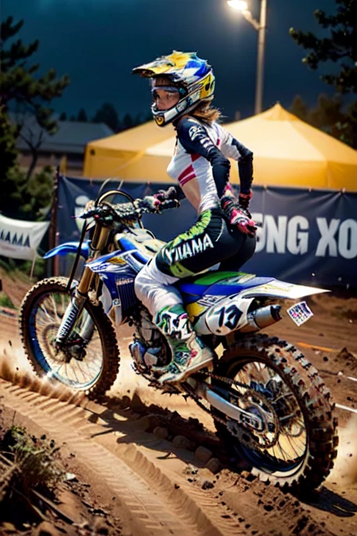 Yamaha WR250, motocross race, cute female racer, brown skin, abs , night riding,モトクロスウエア