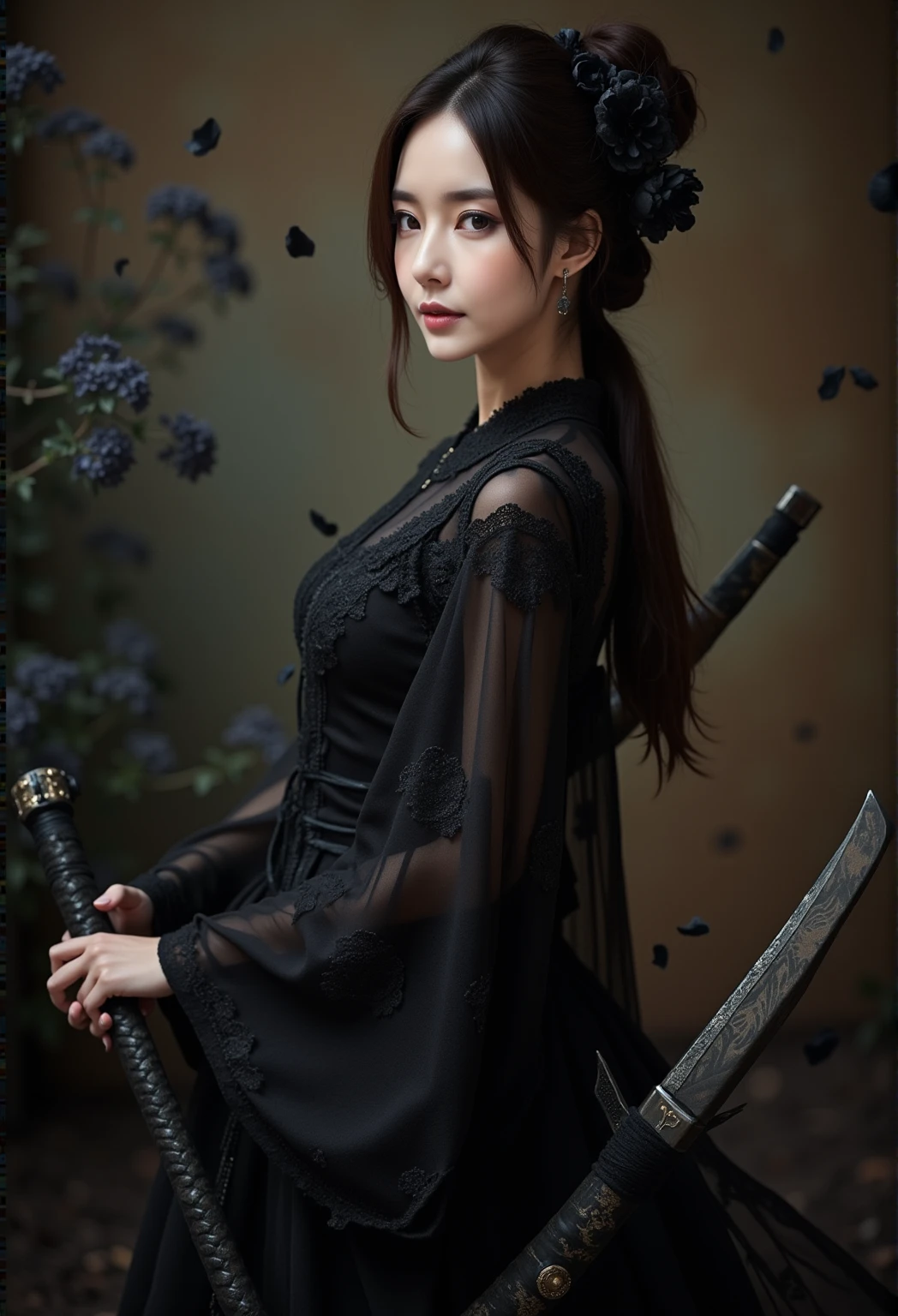 Elegant warrior woman, wearing a beautiful flowing black traditional dress with lace and intricate detailing, black flowers in the background, holding a patterned katana with shiny black ornamentation, calm and confident expression, hair tied in a sophisticated updo adorned with black floral accessories The image is of a woman in a black dress, dramatic natural light, high level of detail, cinematic atmosphere, black petals drifting in the air.”