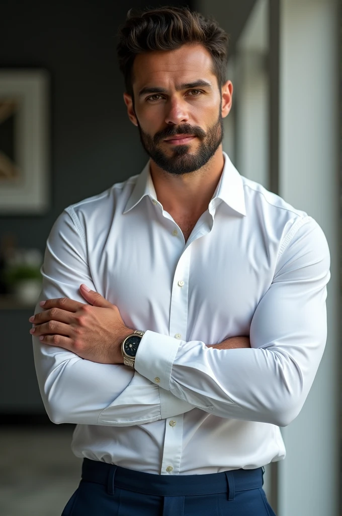 A sexy , handsome male model,with black hair,and brown eyes, he is wearing a casual unbuttoned white shirt,with folded arms,, but he is not wearing any pants, he has a very beautiful looking flaccid penis, he is looking at camera seductively with a smile,small beard