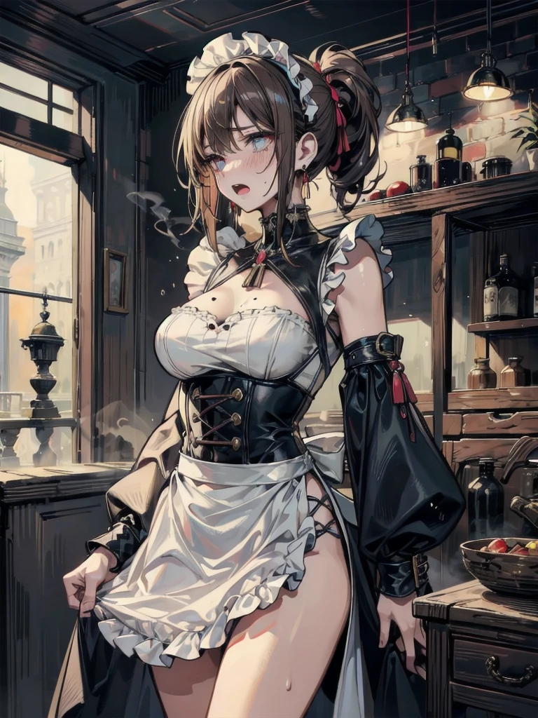 A tall and beautiful mature woman with a confident expression, showing her thighs and shoulders, a plump body, big breasts, a ball head, wearing a apron, a human wife, in a kitchen, kneeling on the ground.