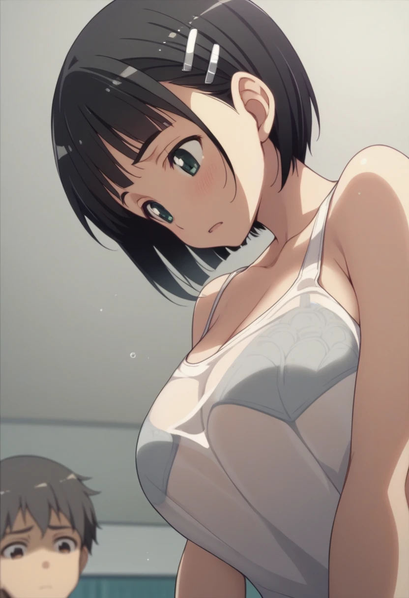 Best Quality、masterpiece、 girl１people、 short hair、Black Hair、Big Breasts、Re-suguha 、Kirihara Naoha 、 perfect body、tank top black、Bloomers、White Bra、gym、 slouching forward　shirt mismatch 　Bra visible　Wet Shirt　Hold your chest with your arms　中年太りの老people　Sneaking up　Harassment　The tank top is misaligned to below the chest　 high angle　down　blouse、See-through bra　Bra flashing