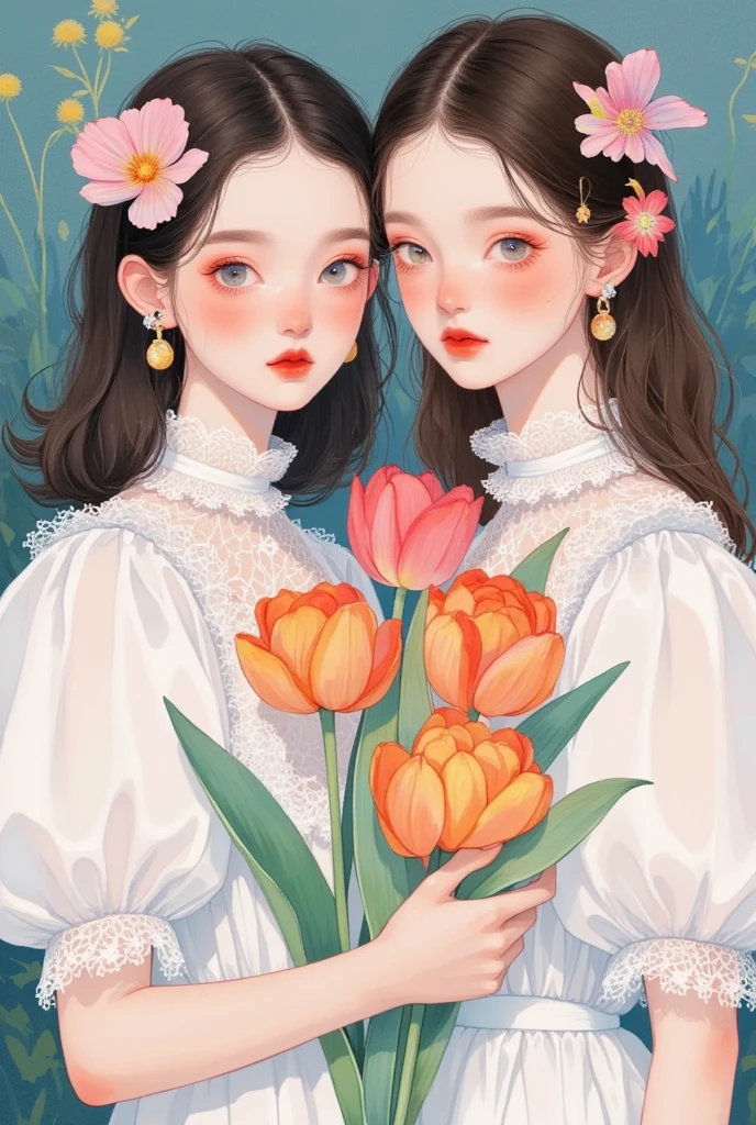 Close-up shot of two girls in white dresses holding flowers in their hands，Wearing earrings, Inspired by Yanjun Cheng's digital art , tumblr,  pop surrealism ,  Beautiful Gemini twins portrait, artwork in the style of Gu Weiss,  art style , Gu Weiss, artstration Trends, and loish and wlop, 美丽的双子座双胞胎, Yanjun Chengt, Gu Weiss masterpiece