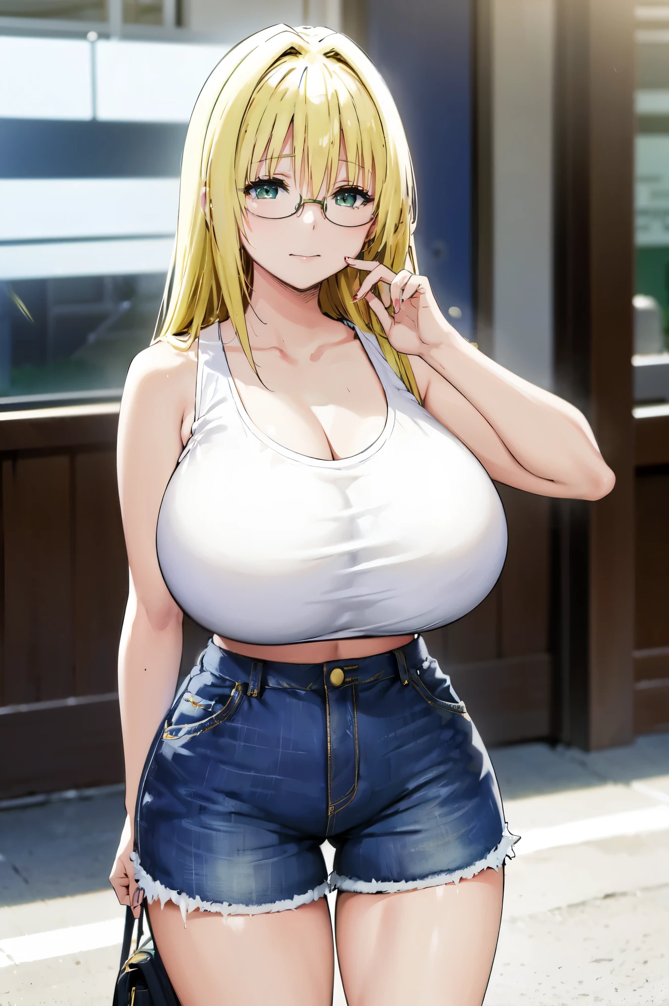 blonde hair, very huge tits , (( white tank top, short pants jeans)), ((glasses))), thick, busty, green eyes, long hair, upperbody, smile, legs, thigh, at beach, sky