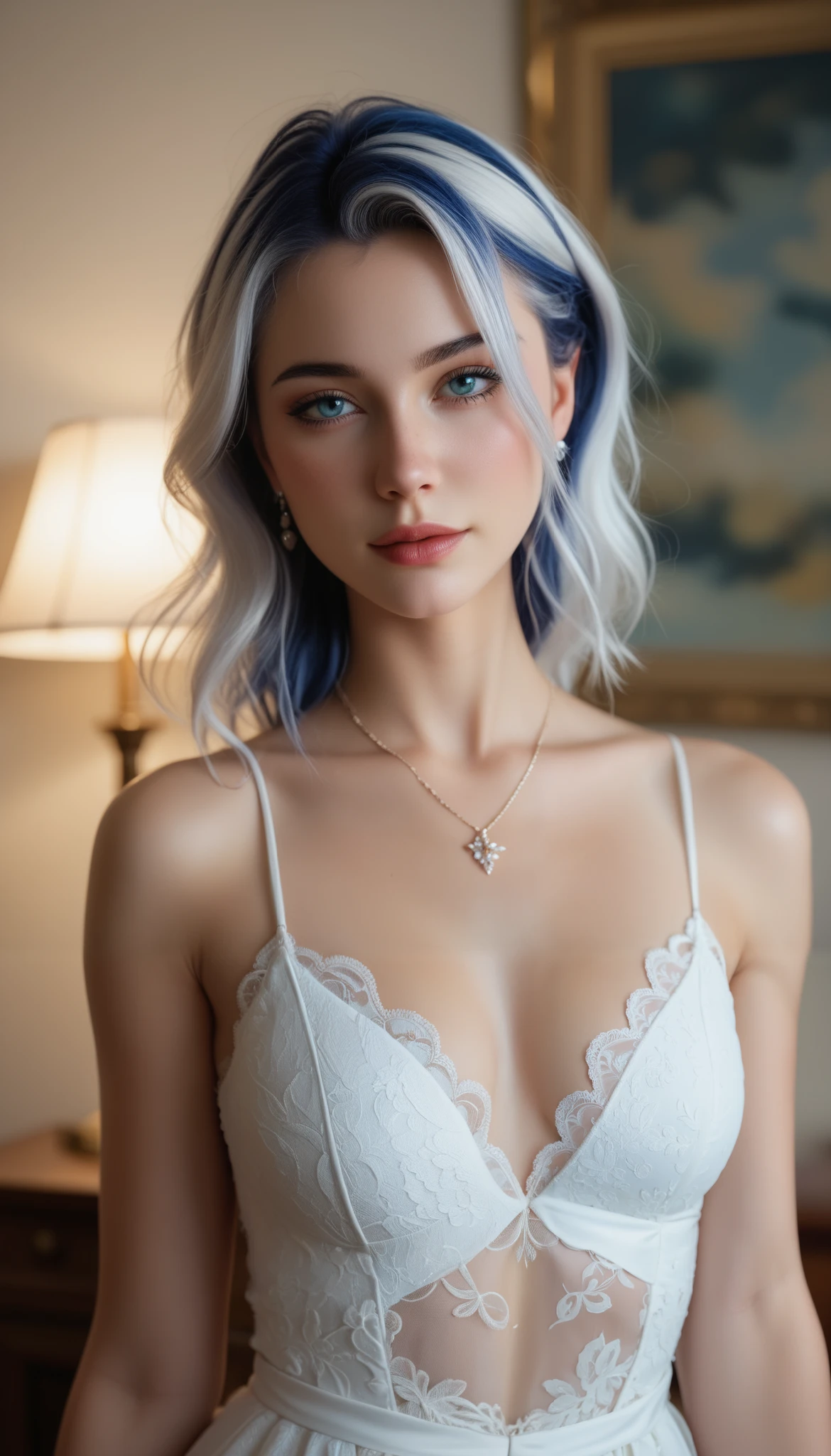 (Best quality,8K,A high resolution,Masterpiece:1.2, DSLR, 16k ),Ultra-detailed,(Realistic,Photorealistic,photo-realistic:1.37),Portrait, Creative style artwork, Historical, classical, Sophisticated, plethora of colors ,Highly detailed, Soft lighting, luxurious environment , black dress, there is young woman , girl wearing a red silk classy royal dress, performing a music video, slim fit (oval perfect shape, asymmetrical face structure, perfect proportion, almond eye type, hazal eye color, detailed eyes, blue hair color, 32 inch breasts, hourglass figure, slim body, pale white skin tone ,sexy girl, 24 years old, soft wavy hair, looking away, attitude expression, professional makeup, pink lips)