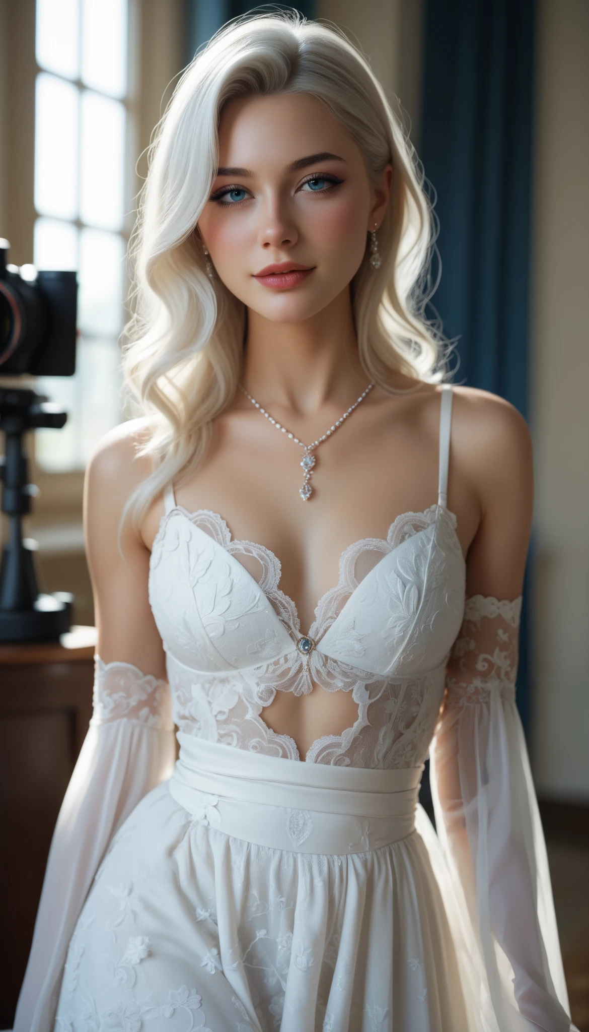 Virtual Idol , portrait , small face 、 Game Art Style , (masterpiece), Best Quality, Hi-Res, 4K, 8k, Detail view, intricate detail, Movie Lighting, great quality, 1 girl、Elegant indigo white lace style dress、 Indigo and White A-Line Dress with Fine Artistic Lace、 pretty dress 、Super Luxury Dress、Beautiful white hair, amazing shading, soft writing, Facing Camera , Perfect Eyes