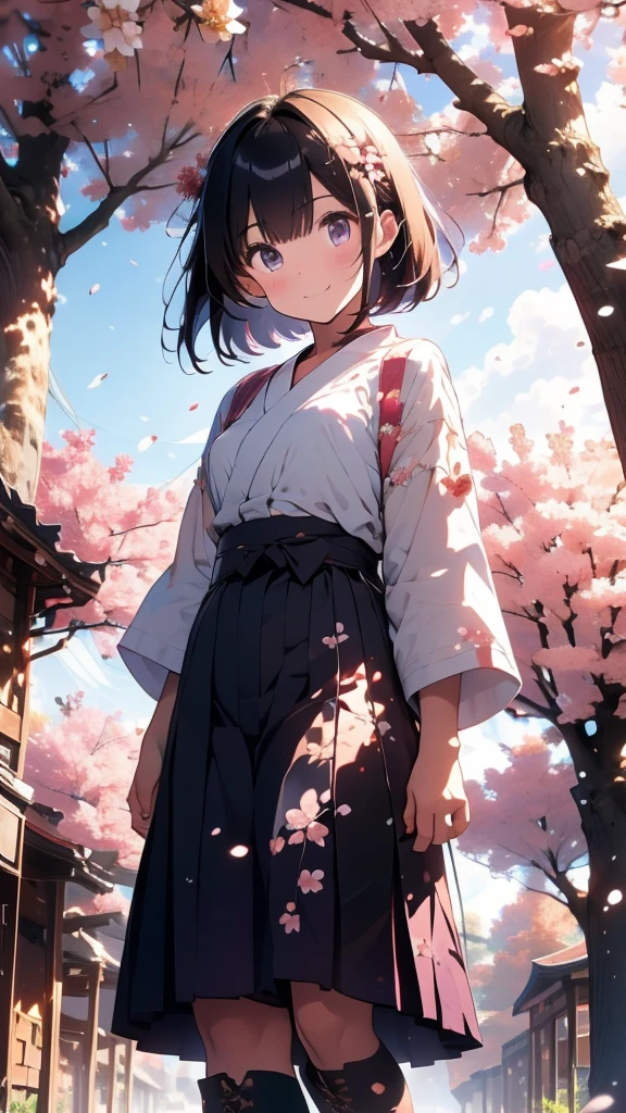 sfw,最高masterpiece,Best Quality,  OFFICIAL ART, Advertising Photos,masterpiece,(1 person:2.0),  Neutral Male ,Dress neatly,(7 heads), Black Hair ,( short bob cut hair), flat chest,(Cherry blossom pattern furuncle ),(Purple Hakama, beautiful gradation hakama),Maxi length hakama , obi shaped like a flower,pink belt , brown lace up boots,Cherry blossom trees,standing,smile, soft writing,Hair accessories