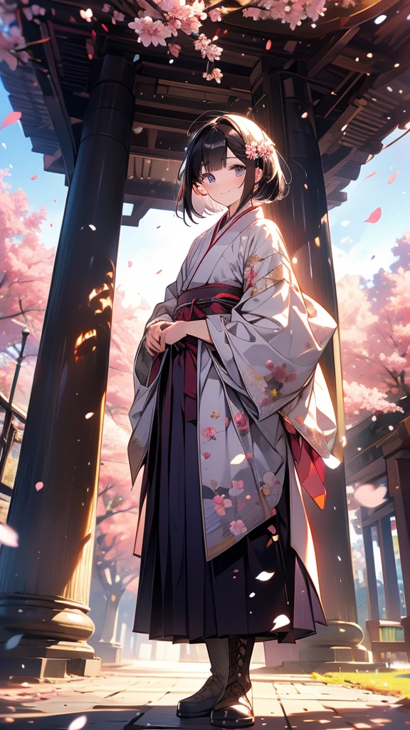 sfw,最高masterpiece,Best Quality,  OFFICIAL ART, Advertising Photos,masterpiece,(1 person:2.0),  Neutral Male ,Dress neatly,(7 heads), Black Hair ,( short bob cut hair), flat chest,(Cherry blossom pattern furuncle ),(Purple Hakama, beautiful gradation hakama),Maxi length hakama , obi shaped like a flower,pink belt , brown lace up boots,Cherry blossom trees,standing,smile, soft writing,Hair accessories