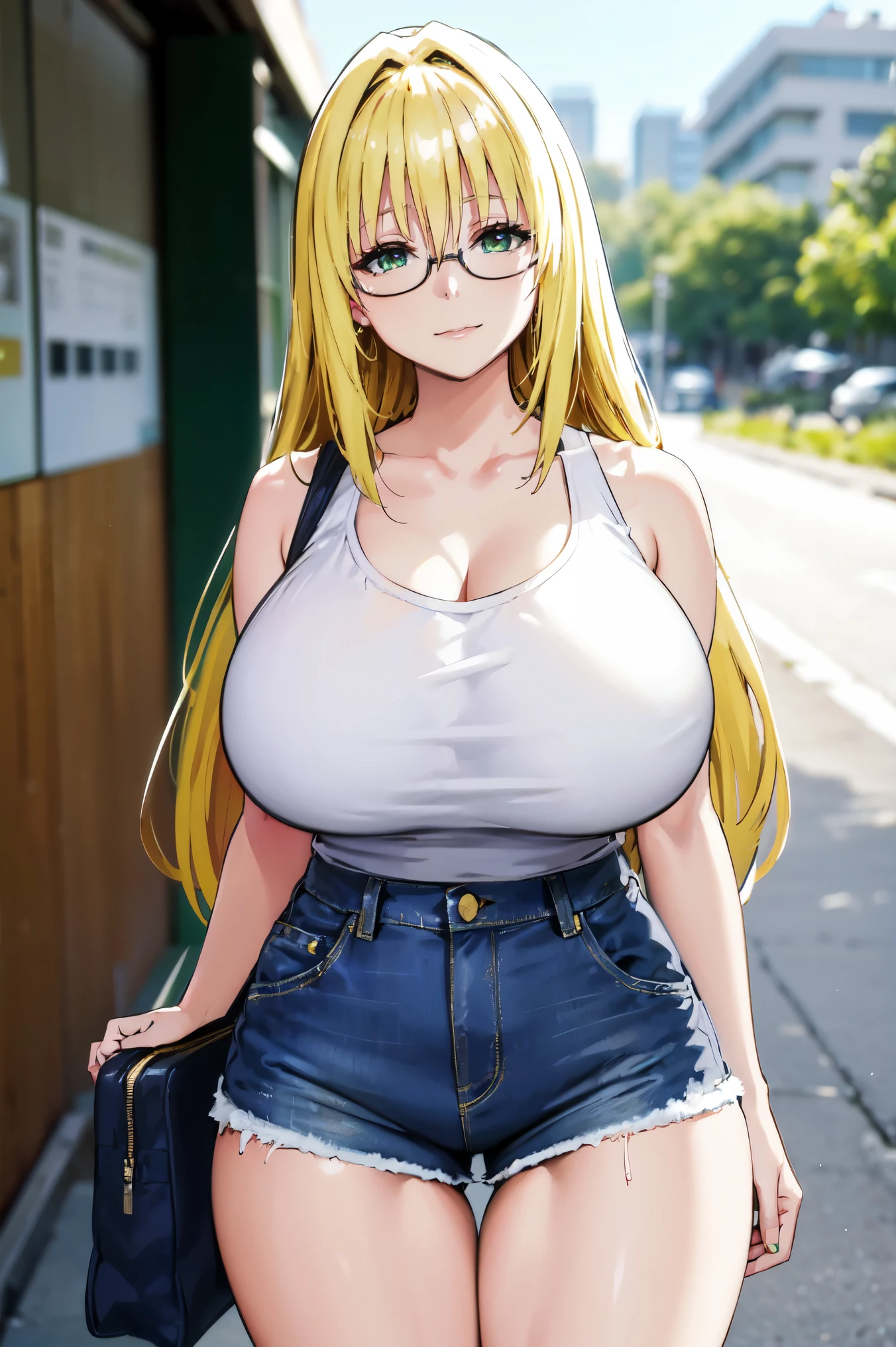 blonde hair, very huge tits , (( white tank top, short pants jeans)), ((glasses))), thick, busty, green eyes, long hair, upperbody, smile, legs, thigh, at beach, sky