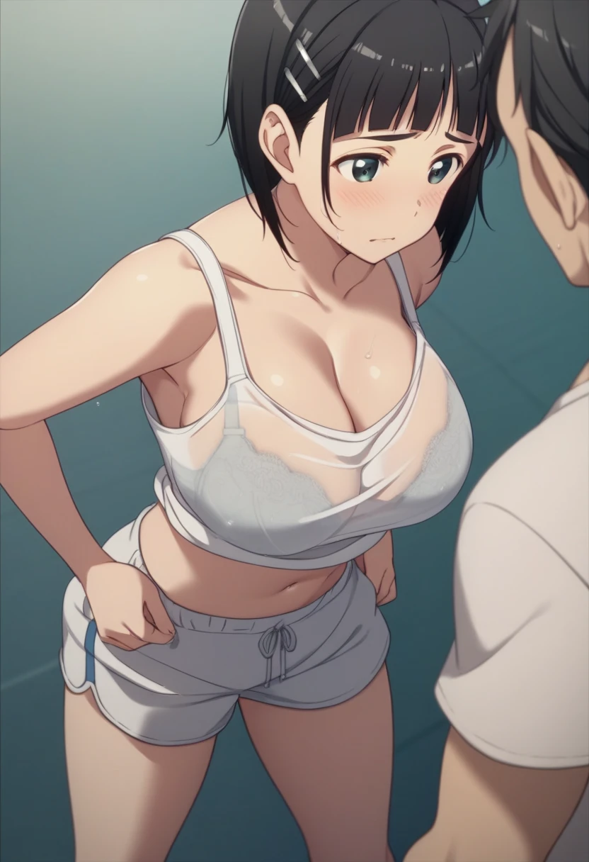 Best Quality、masterpiece、 girl１people、 short hair、Black Hair、Big Breasts、Re-suguha 、Kirihara Naoha 、 perfect body、tank top black、Bloomers、White Bra、gym、 slouching forward　shirt mismatch 　Bra visible　Wet Shirt　Hold your chest with your arms　Middle-aged man　Sneaking up　Harassment　The tank top is misaligned to below the chest　 high angle　down　blouse、See-through bra　Bra flashing