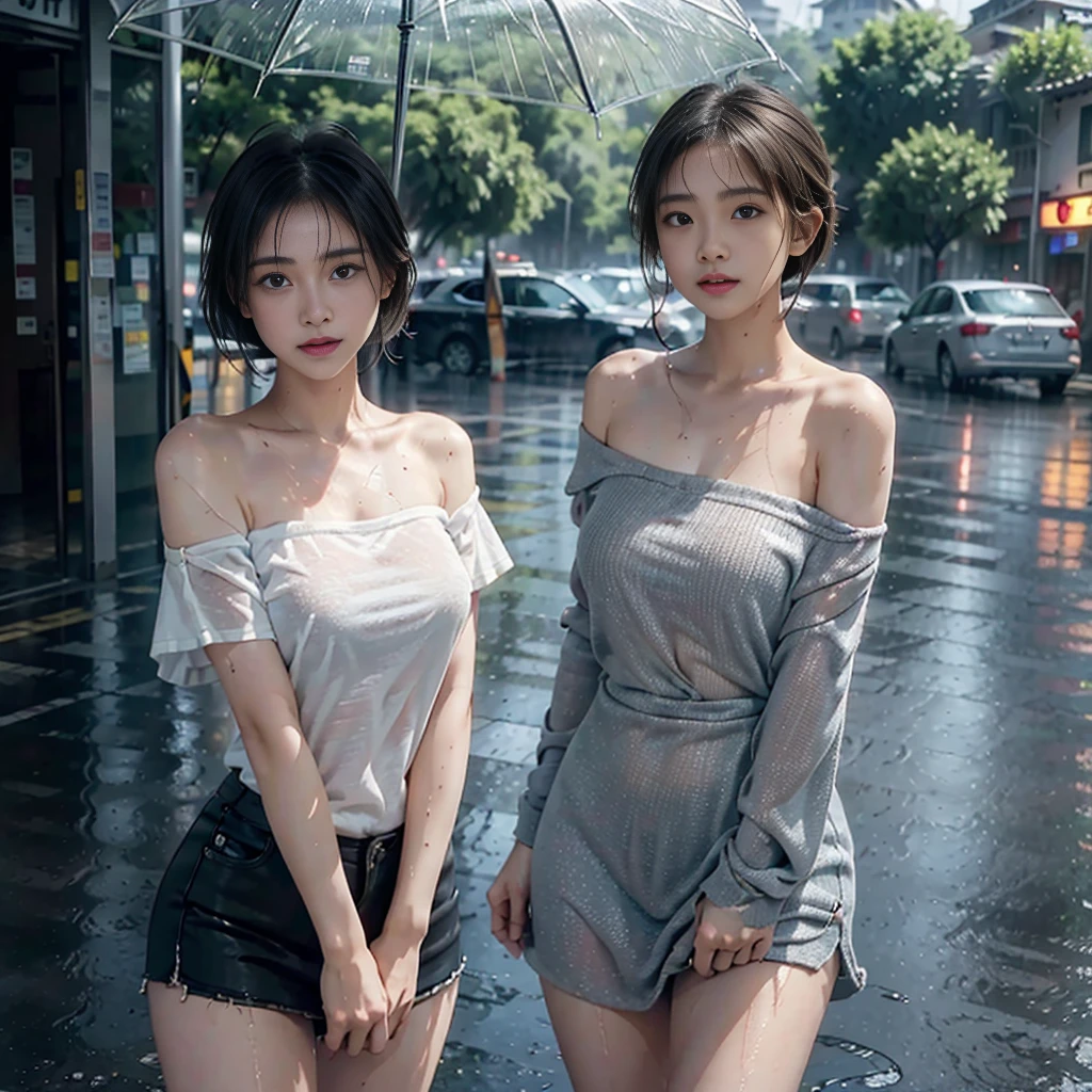 ((Best Quality, 8k, Masterpiece:1.3)), Focus:1.2, Perfect Body Beauty:1.4, Buttocks:1.2, ((Layered Haircut, Breasts:1.2)), (Wet Clothes:1.1) , (Rain, Street:1.3), Bandeau Dress: 1.1, Highly Detailed Face and Skin Texture, Fine Eyes, Double Eyelids, Whitened Skin, Long Hair, (Shut Up: 1.3)