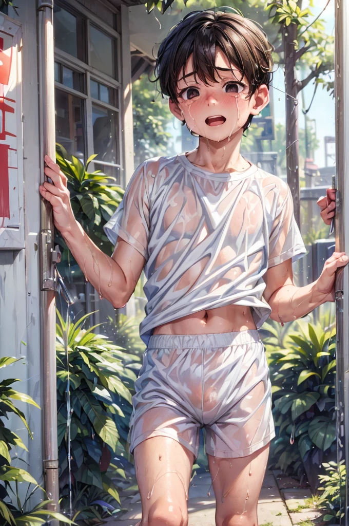 (Highest quality, masterpiece, 4K, photograph, Fine, Realstic:1.4), (Very handsome young boy is crying in soaked white short nylon shorts:1.3), garden, short stature, squirt, A soaked white short-sleeved T-shirt and white short nylon shorts, Covering the crotch with both arms, Very handsome, His wet white nylon shorts are transparent and his underwear is clearly visible, White clothes that are wet and see-through, Footage from the knee up, in the school, peeing in his class room
