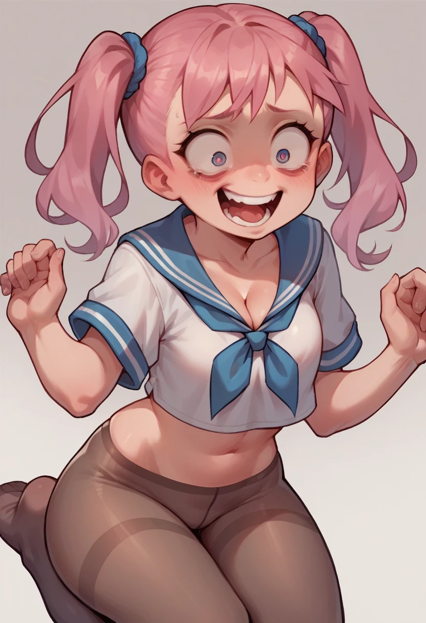 pantyhose,****,sailor,No clothes, boobs visible. ,cute,wariza,pink hair,blush,crop top,see throul,twintails,cleavage,crazy eyes,