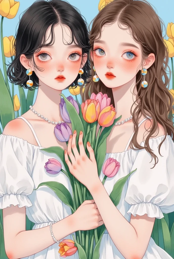 Close-up shot of two girls in white dresses holding flowers in their hands，Wearing earrings, Inspired by Yanjun Cheng's digital art , tumblr,  pop surrealism ,  Beautiful Gemini twins portrait, artwork in the style of Gu Weiss,  art style , Gu Weiss, artstration Trends, and loish and wlop, 美丽的双子座双胞胎, Yanjun Chengt, Gu Weiss masterpiece