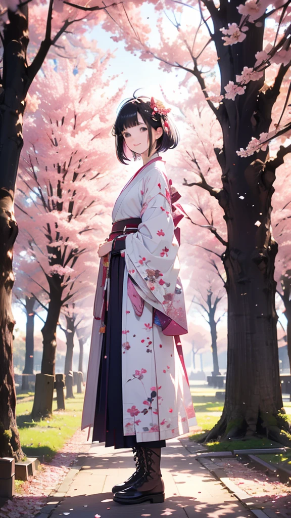 sfw,最高masterpiece,Best Quality,  OFFICIAL ART, Advertising Photos,masterpiece,(1 person:2.0),  Neutral Male ,Dress neatly,(7 heads), Black Hair ,( short bob cut hair), flat chest,(Cherry blossom pattern furuncle ),(Purple Hakama, beautiful gradation hakama),Maxi length hakama , obi shaped like a flower,pink belt , brown lace up boots,Cherry blossom trees,standing,smile, soft writing,Hair accessories