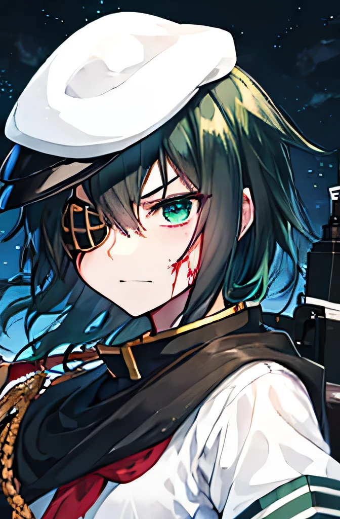 Kiso ，Kantai Collection， blood is on，I'm holding a military sword，hat，green hair, eyepatch, half-closed eyes, glaring, empty eyes, jitome, disgust, anime, depth of field, In the Dark，night，UHD, anatomically correct, textured skin, high quality, high details,  highres icon, best quality