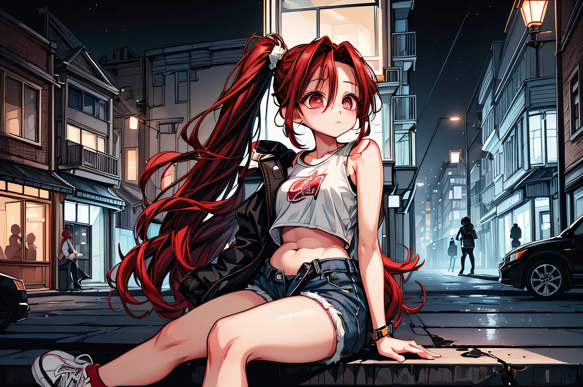 1girl,( side view , From afar:1.5),(Sitting at an angle on the stairs at the bottom left of the screen:1.5),(urban lonely street background, Streetlight, dark night , moonshine:1.5),(City background, Sports Jacket , denim shorts and black leggings, Crop Tee,Cyberpunk, Dark Sky , Neon Light , Beautiful Night , Building Forest, road name, automobile, Numerous Windows1.5), ,(A well-made chest:1.5), (Dark red eyes :1.5), (hair over one eye, rustling and messy hair, A full ponytail, Dark red hair, Long hair with strong curls, sitting on a white background, left eye covered by hair, Ponytail that falls below the waist:1.5), (sneakers, flushing:1.5), ( shy expression, flushing:1.5), (Belly fat:1.5), (Chubby thighs, plump body type :1.3)
