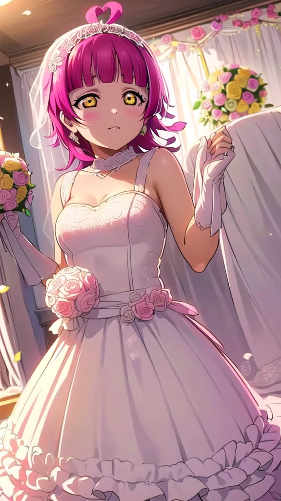 (masterpiece, best quality, ultra-detailed), (illustration), (beautiful detailed eyes),(((love live!,love live! nijigasaki high school idol club,tennouji rina,pink hair,disheveled hair,unkempt hair,blunt bangs,ahoge,yellow eyes,medium long hair,flat breasts))),((wedding dress:1.5)), classroom