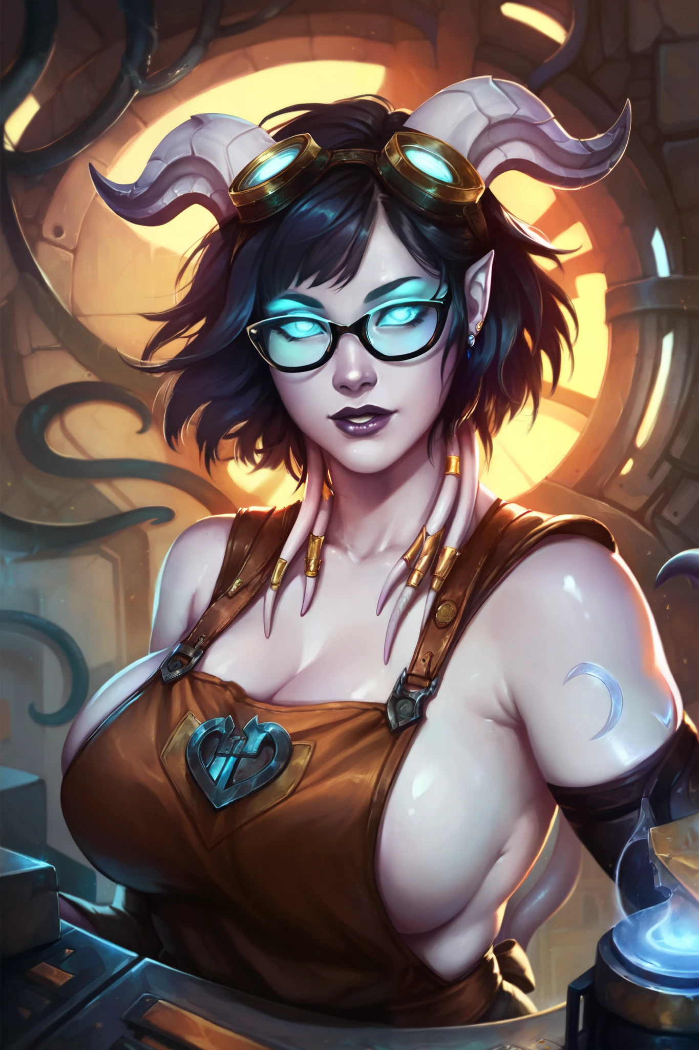 score_9, score_8_up, score_7_up, score_6_up, masterpiece, best quality, 1girl, solo, draenei, glowing eyes, colored sclera, tail ornament, hooves, white skin, blue eyes, black hair, shiny silver pouty lips, (tentacle hair:0.8), close-up, upper body, hair ornament, plump and large breasts, shiny skin, shiny silver lipstick, goggles , bob hair cut, fantasy, psy powers, leather apron, mechanic, glasses