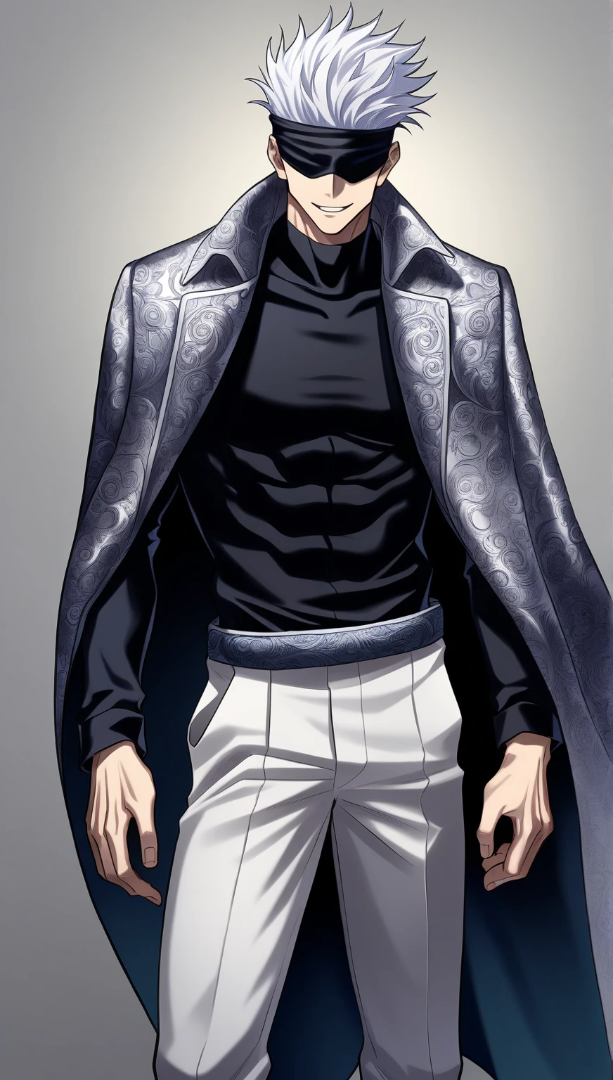 (simple background, grey background), ((full-body)), feet out the frame, standing, Gojou Satoru, Jujutsu Kaisen, smile, extremely detailed face, black blindfold, covered eyes, white hair, solo, sexy man, handsome, White Male Fantasy Clothes, coat on shoulders, black shirt, pants, (masterpiece, best quality, HDR, absurd resolution, high resolution, ultra detailed), NEGATIVE_HANDS