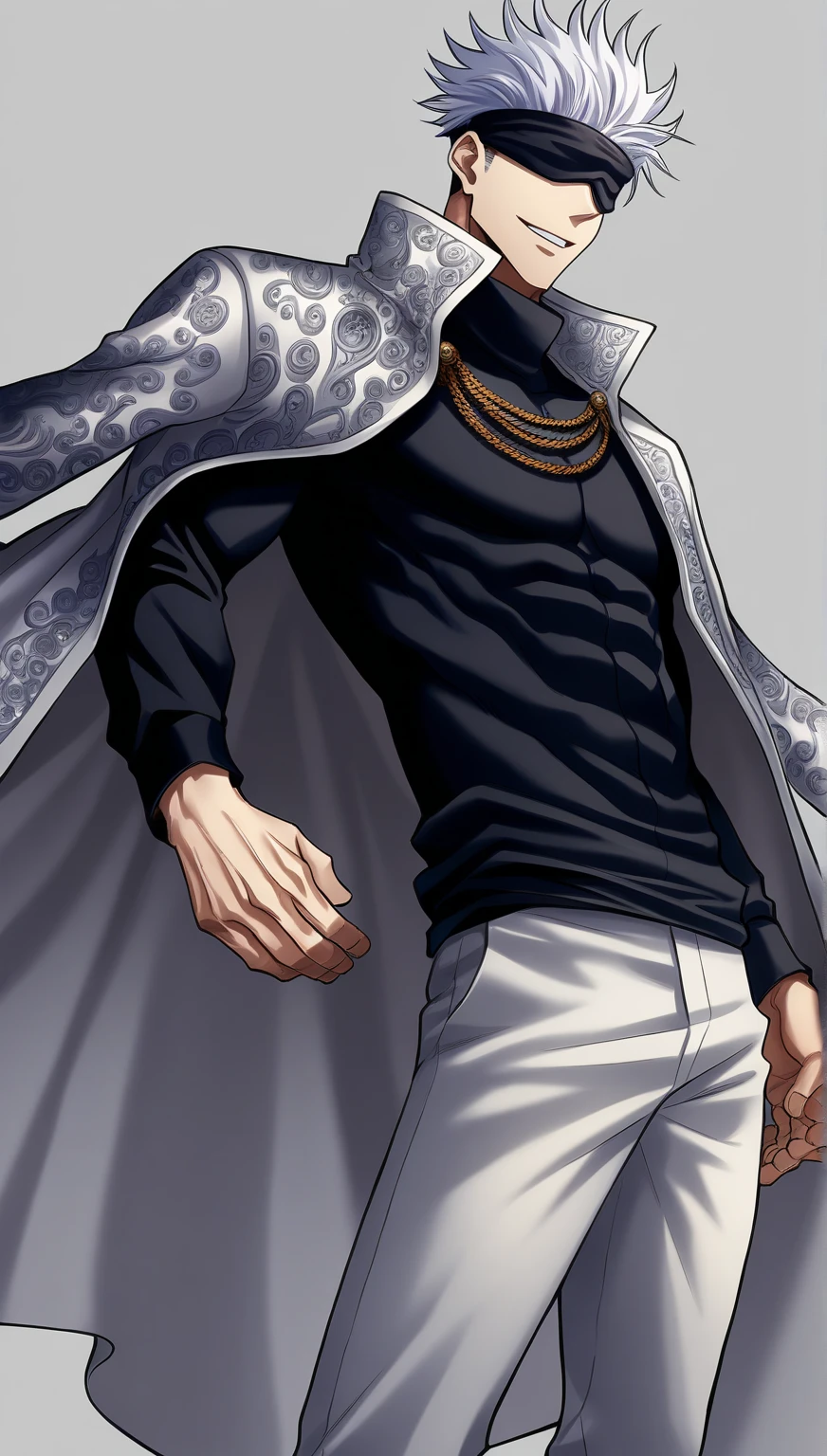 (simple background, grey background), ((full-body)), feet out the frame, standing, Gojou Satoru, Jujutsu Kaisen, smile, extremely detailed face, black blindfold, covered eyes, white hair, solo, sexy man, handsome, White Male Fantasy Clothes, coat on shoulders, black shirt, pants, (masterpiece, best quality, HDR, absurd resolution, high resolution, ultra detailed), NEGATIVE_HANDS