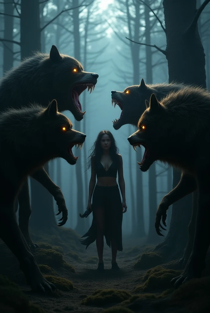 a blood-colored moon, zombie wolves jump and bite you death scene
