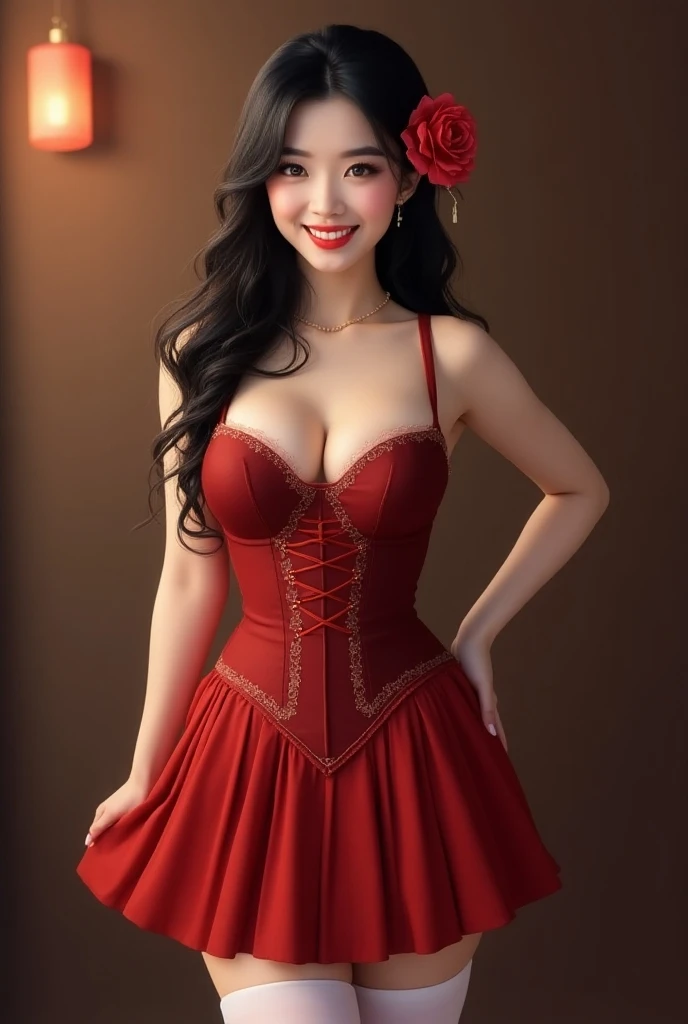 20 years old, 5.23 meter tall Asian model wearing a traditional small green corset with ample cleavage combined with intricate white stockings and red lace garters on her beautiful legs, posing at waist height with a touch of mischief on her face, smiling, glowing grey eyes, her long hair cascading down, hyper detailled, captured from a full-height rear view that highlights a radiant, vibrant composition, digital photograph, Lente Canon R5 85mm f8, photorrealistic, Vibrant, ultra-detailed colors. Ao fundo, out of focus, a current pagoda in Bali with green